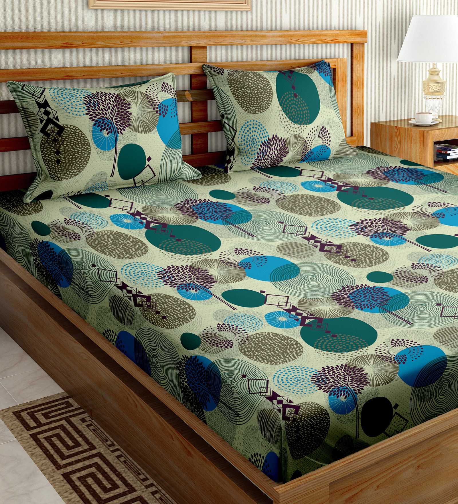 Buy Green Geometric 180 Tc Cotton 1 Double King Size Bedsheet With 2