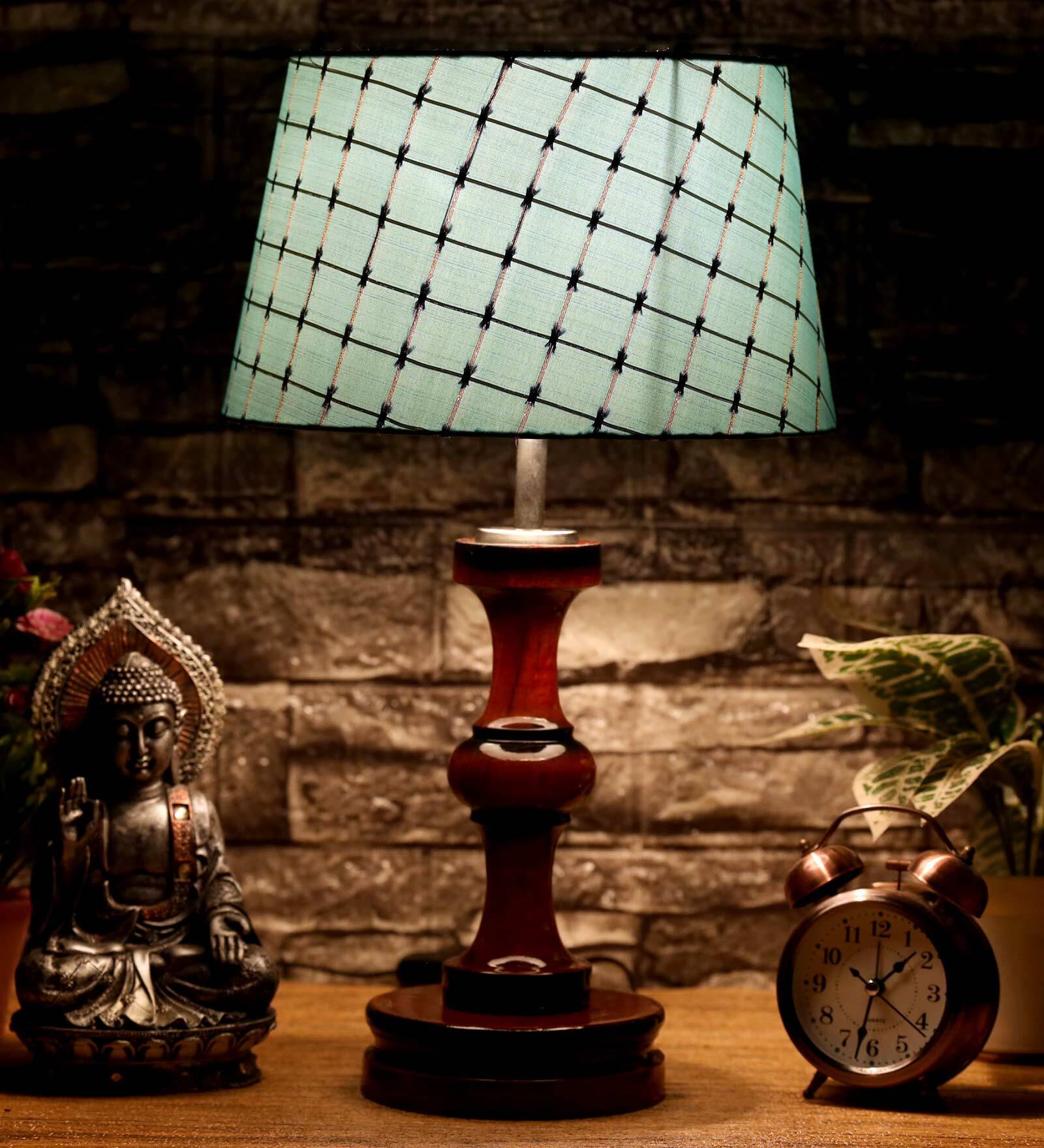 Demarius Green Fabric Shade Night Lamp With Wood Base