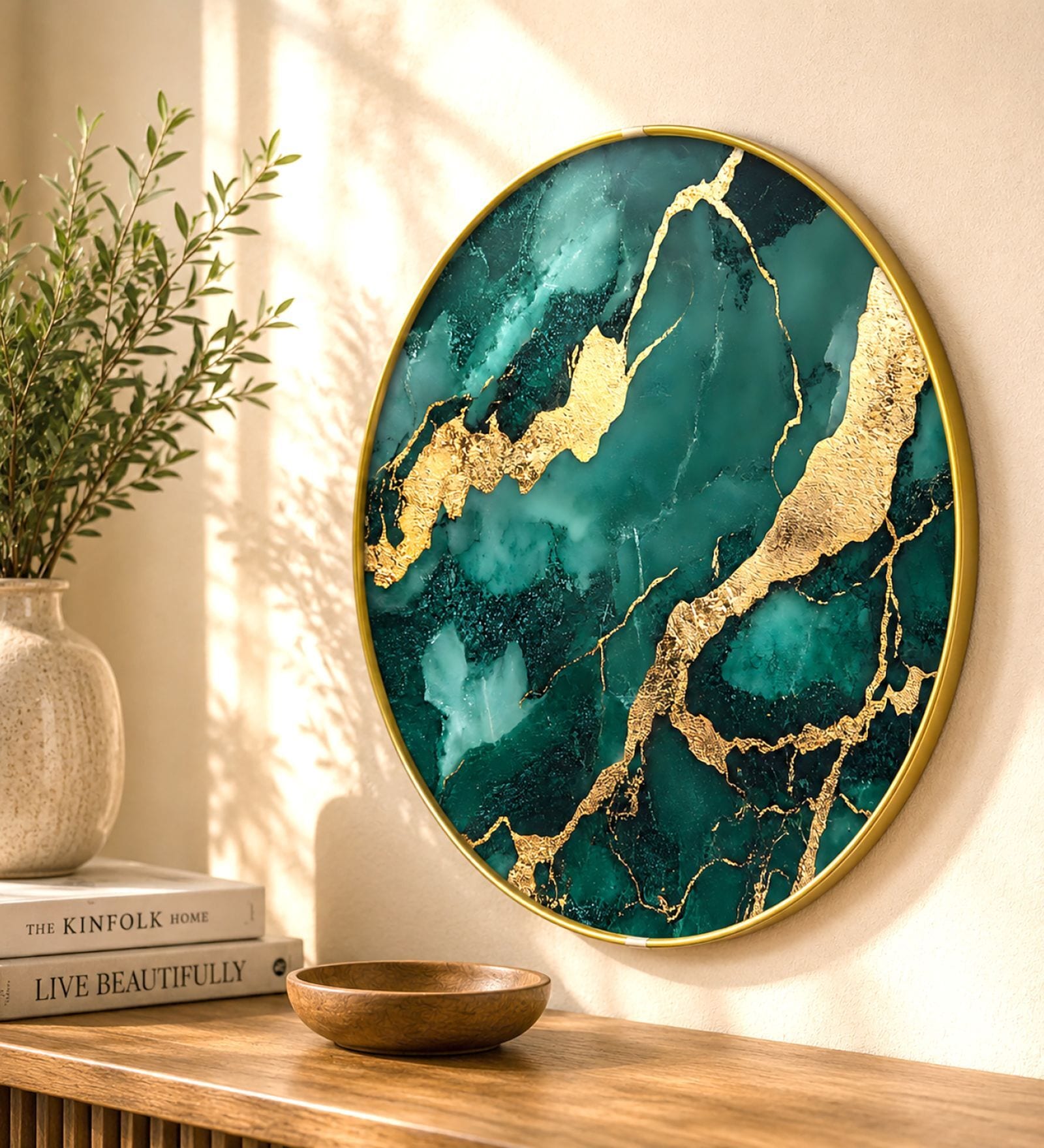 Green, Teal & Gold Abstract Round Wall Art 15 Inch