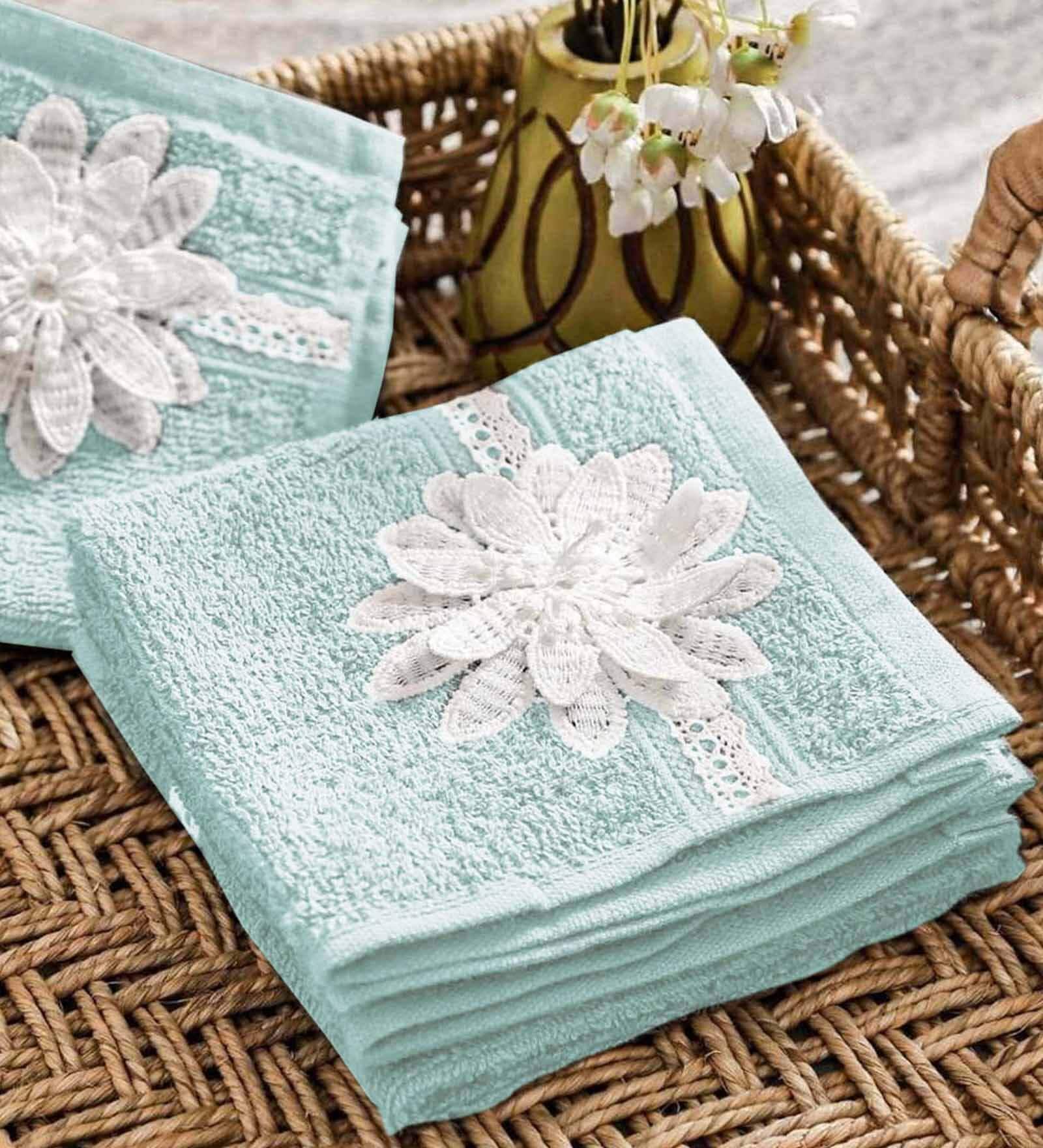 Buy Green Patterned 600 GSM Cotton Hand Towels (Set of 4) by Home4U at
