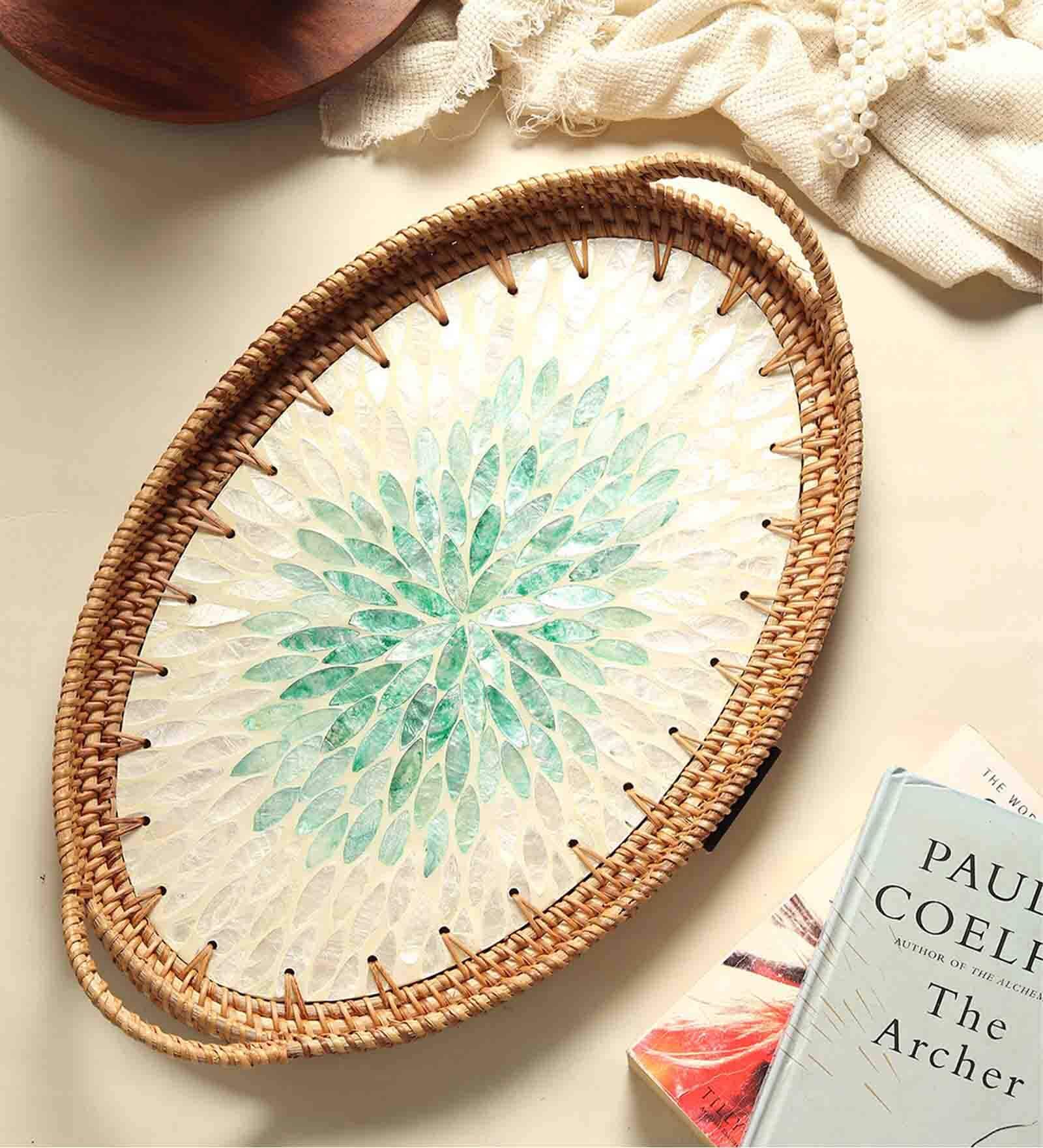 Green  Cane Oval Serving Tray
