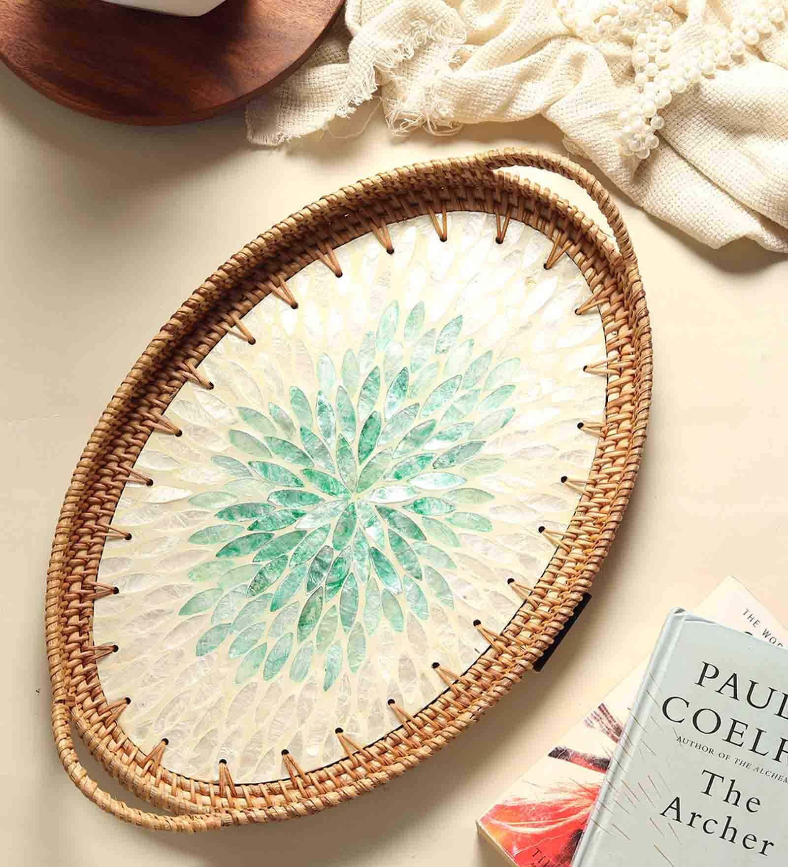 Green  Cane Oval Serving Tray