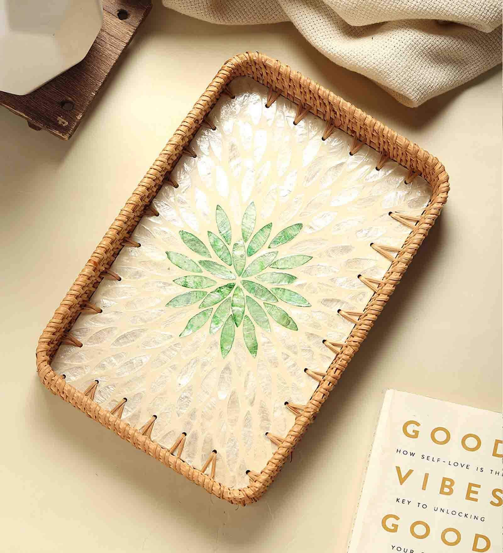 Green  Cane Rectangular Serving Tray