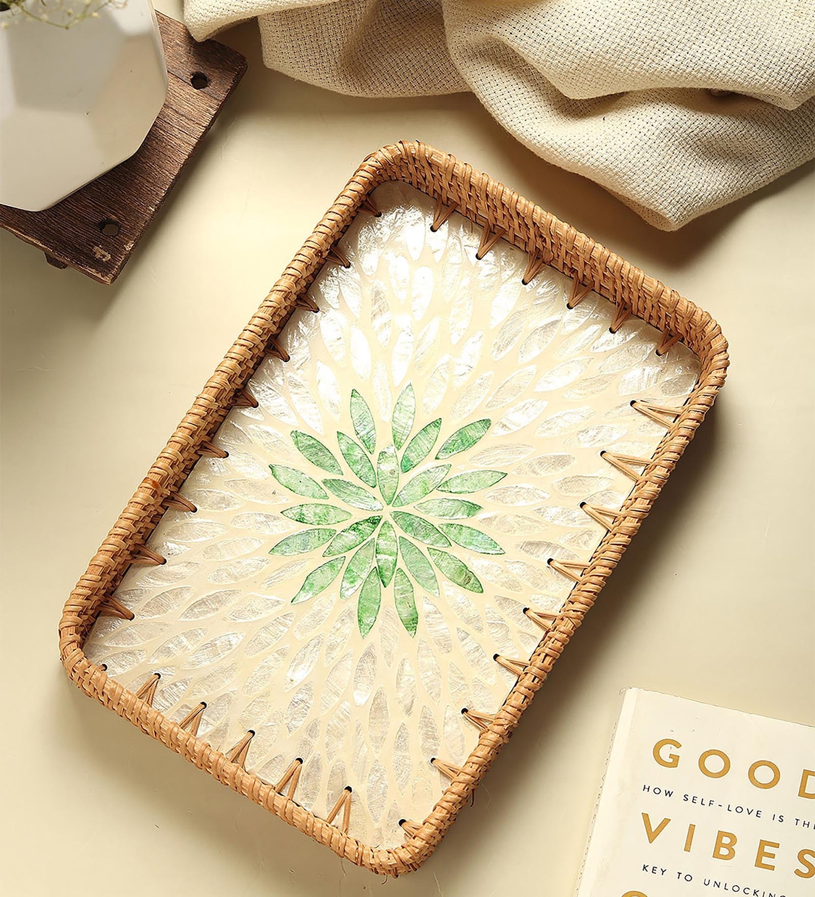 Green  Cane Rectangular Serving Tray