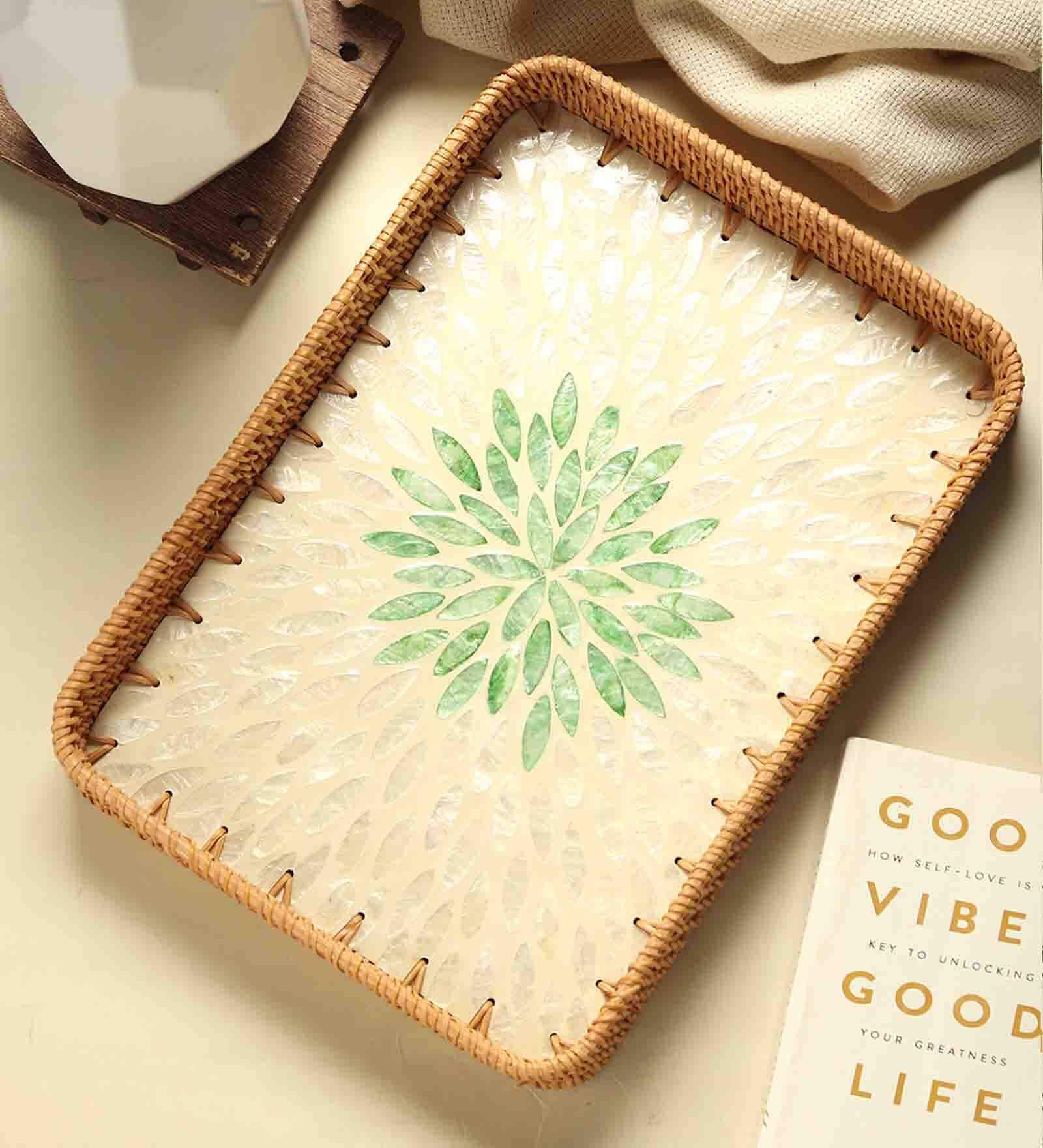 Green  Cane Rectangular Serving Tray
