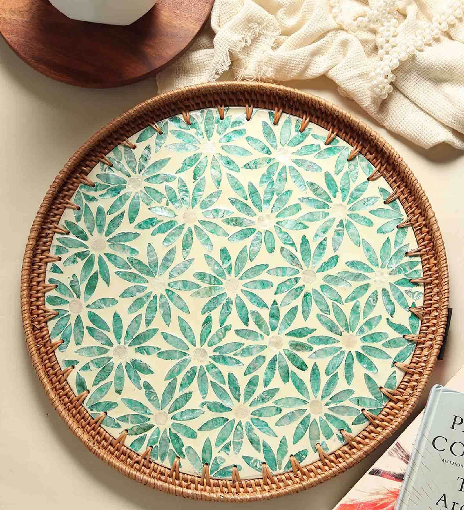 Green  Cane Round Serving Tray