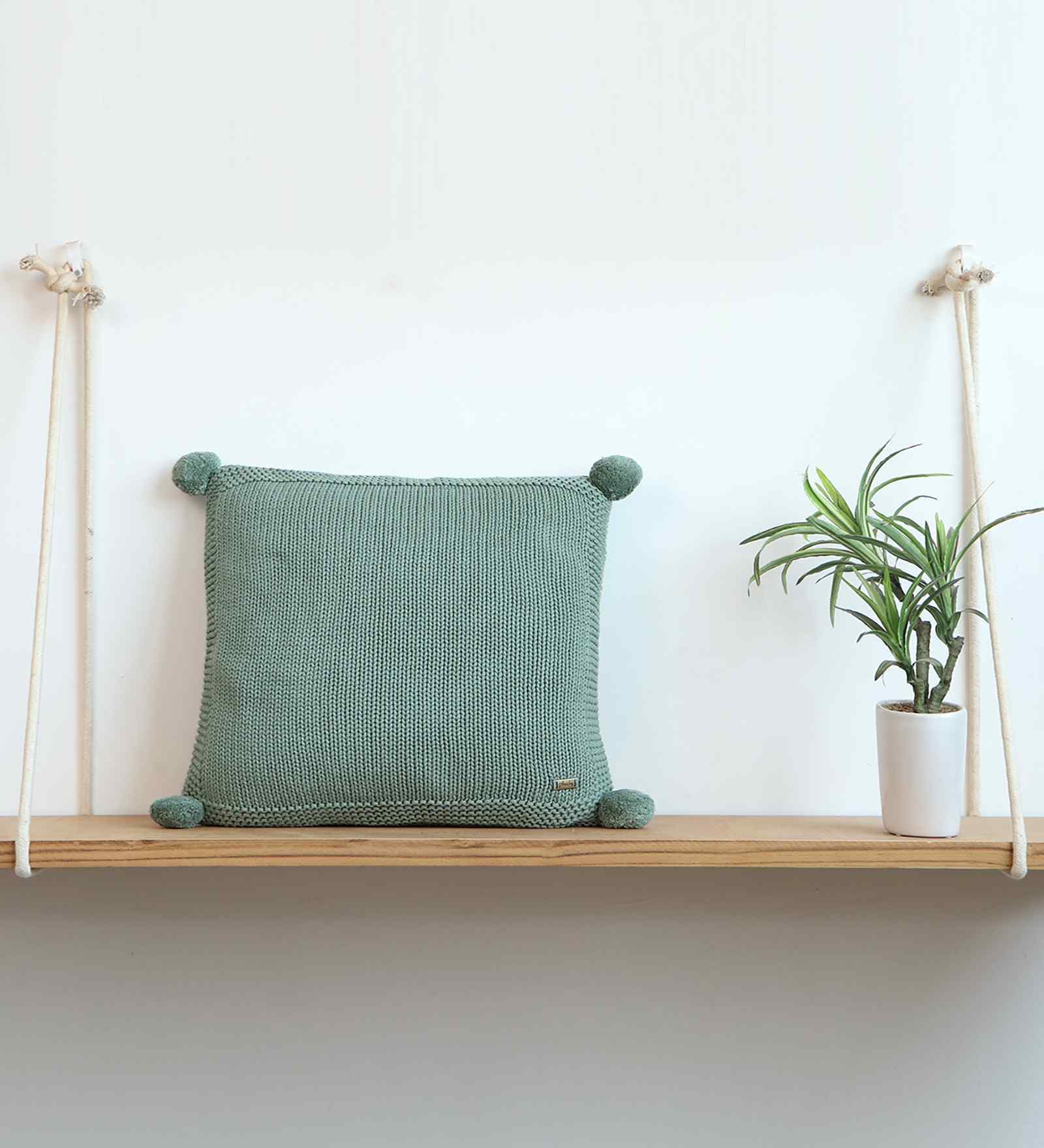 Green 100% Cotton Chunky 16X16 Inches Knitted Cushion Cover