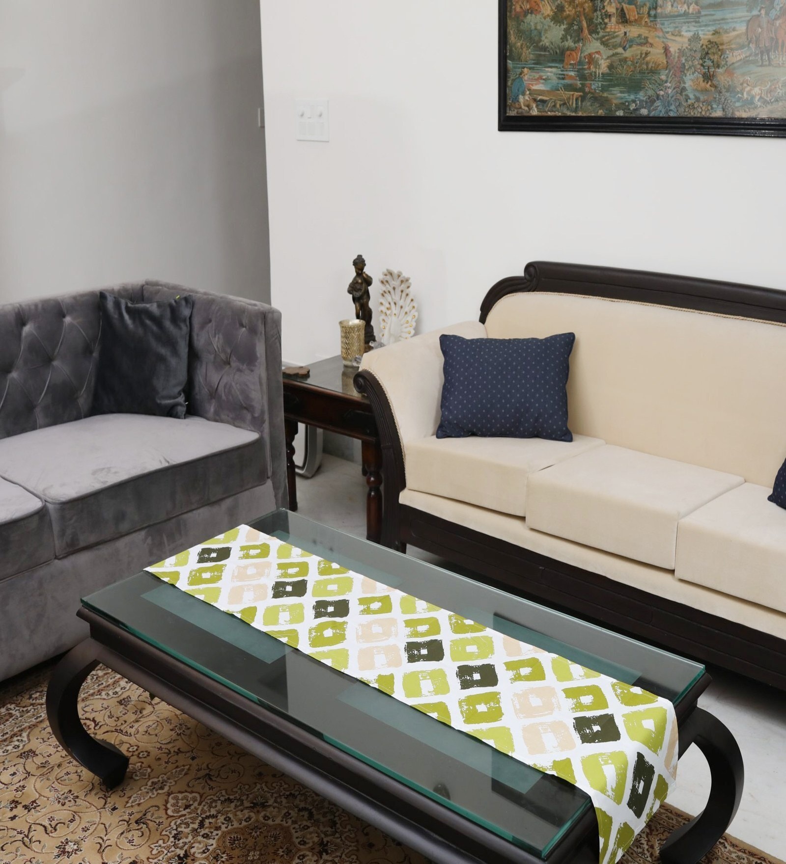 Square (72x13) Green & Cream Cotton Table Runner