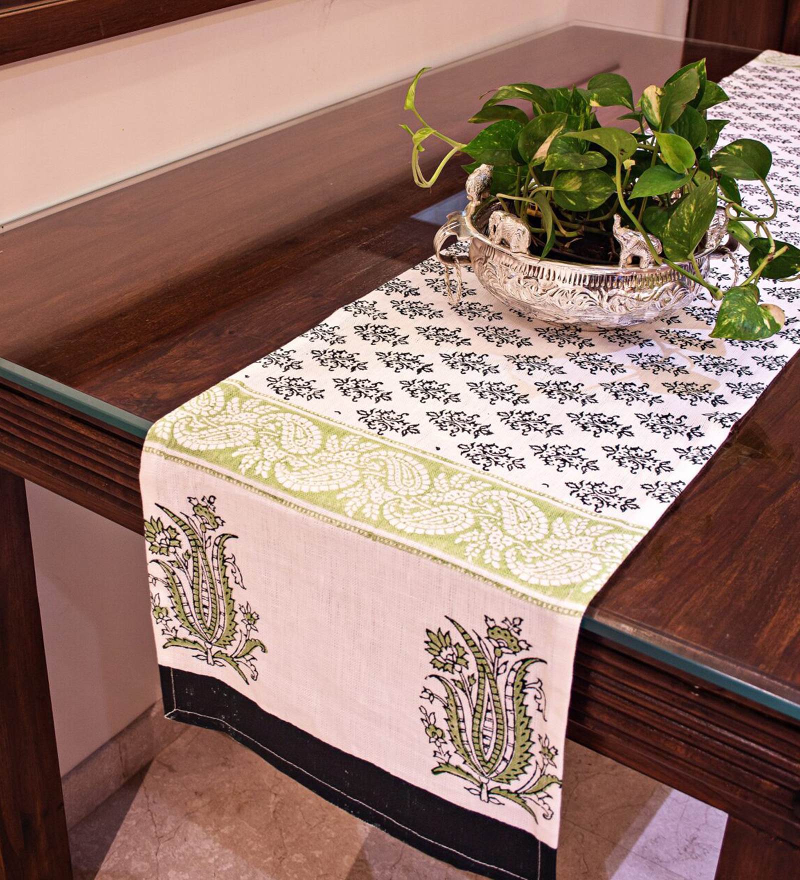 Laleh (72x13) Green & White Cotton Table Runner