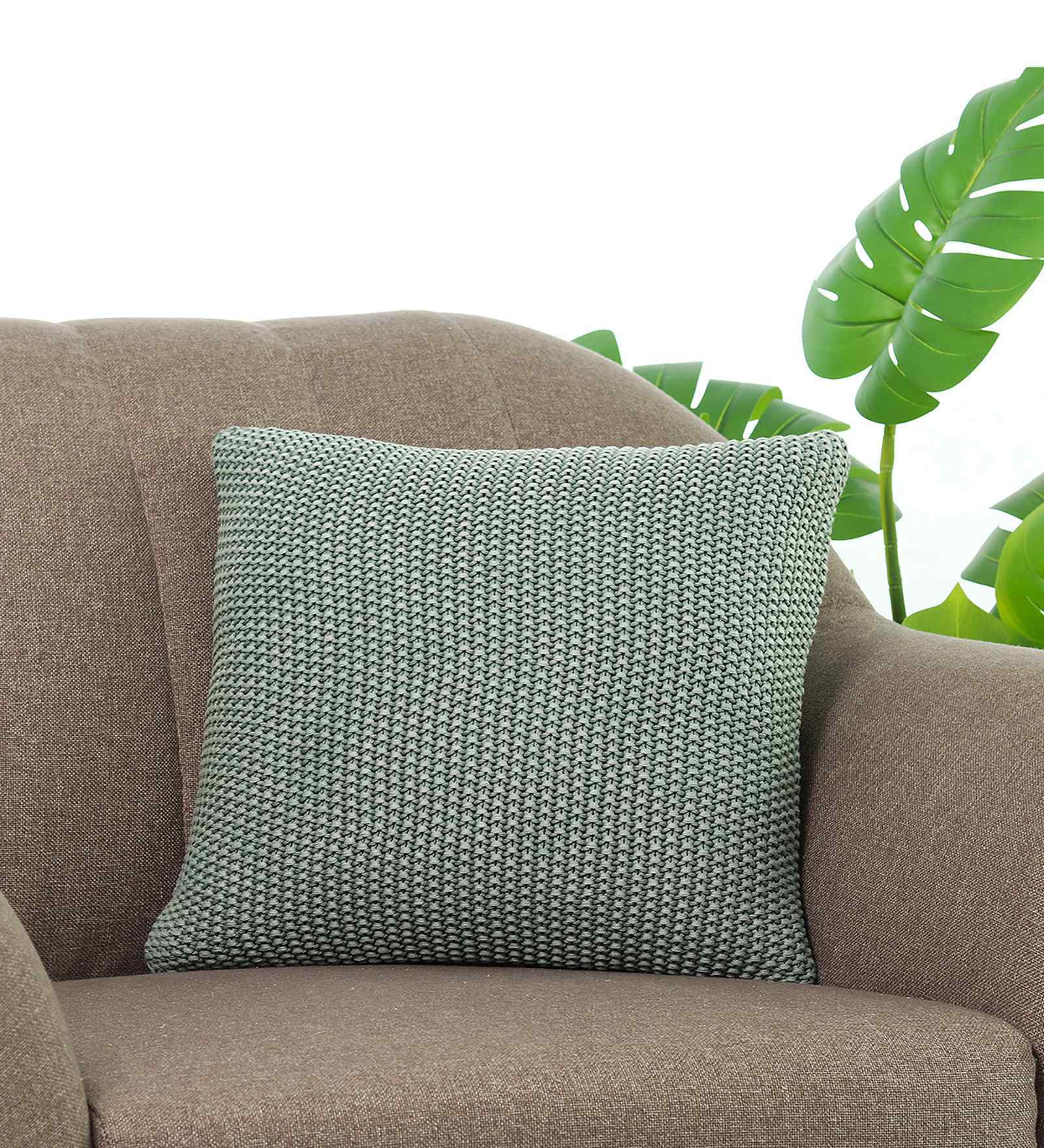 Green 100% Cotton Knitted Purl 16X16 Inches Knitted Cushion Cover