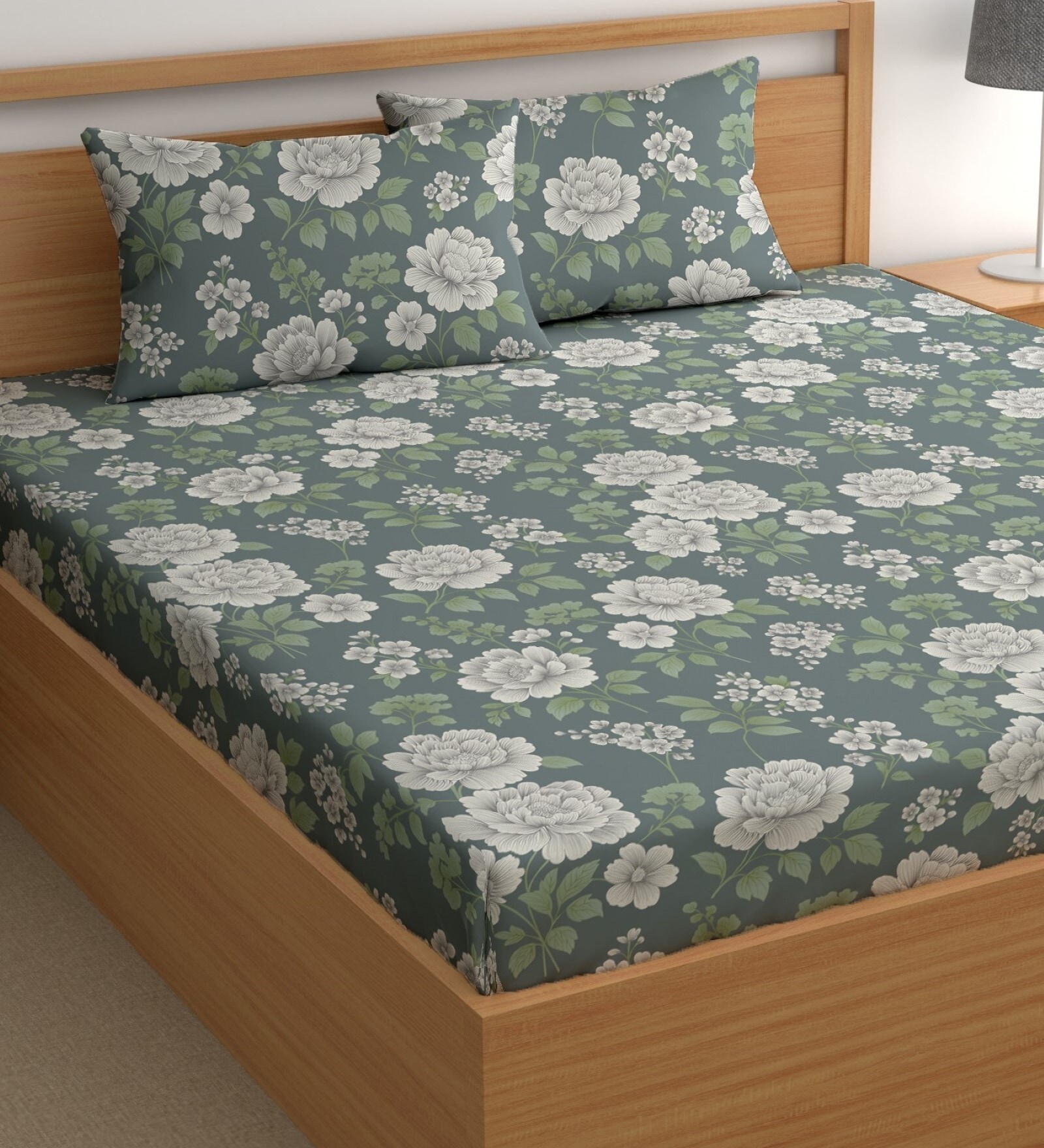 Green 180 TC Floral Cotton Queen Double Bedsheet 2 Pillow covers