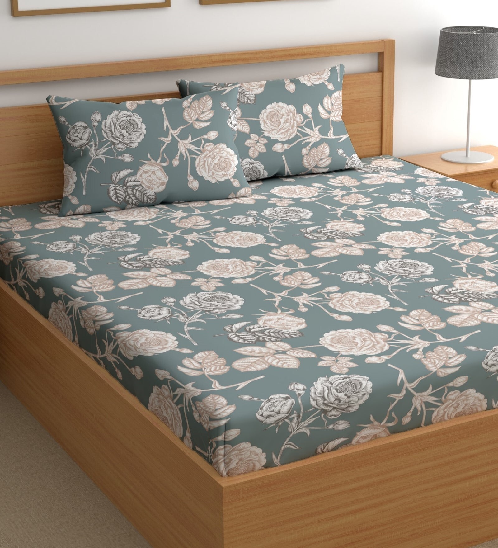 Green 200 TC Floral Cotton Queen Double Bedsheet 2 Pillow covers