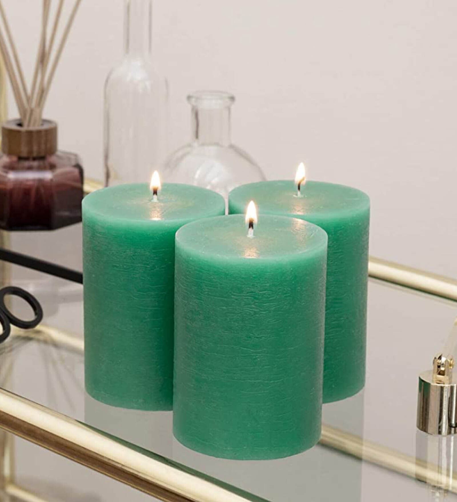 Buy Fragrance Set Of 3 Green Wax Pillar Candles at 63 OFF by