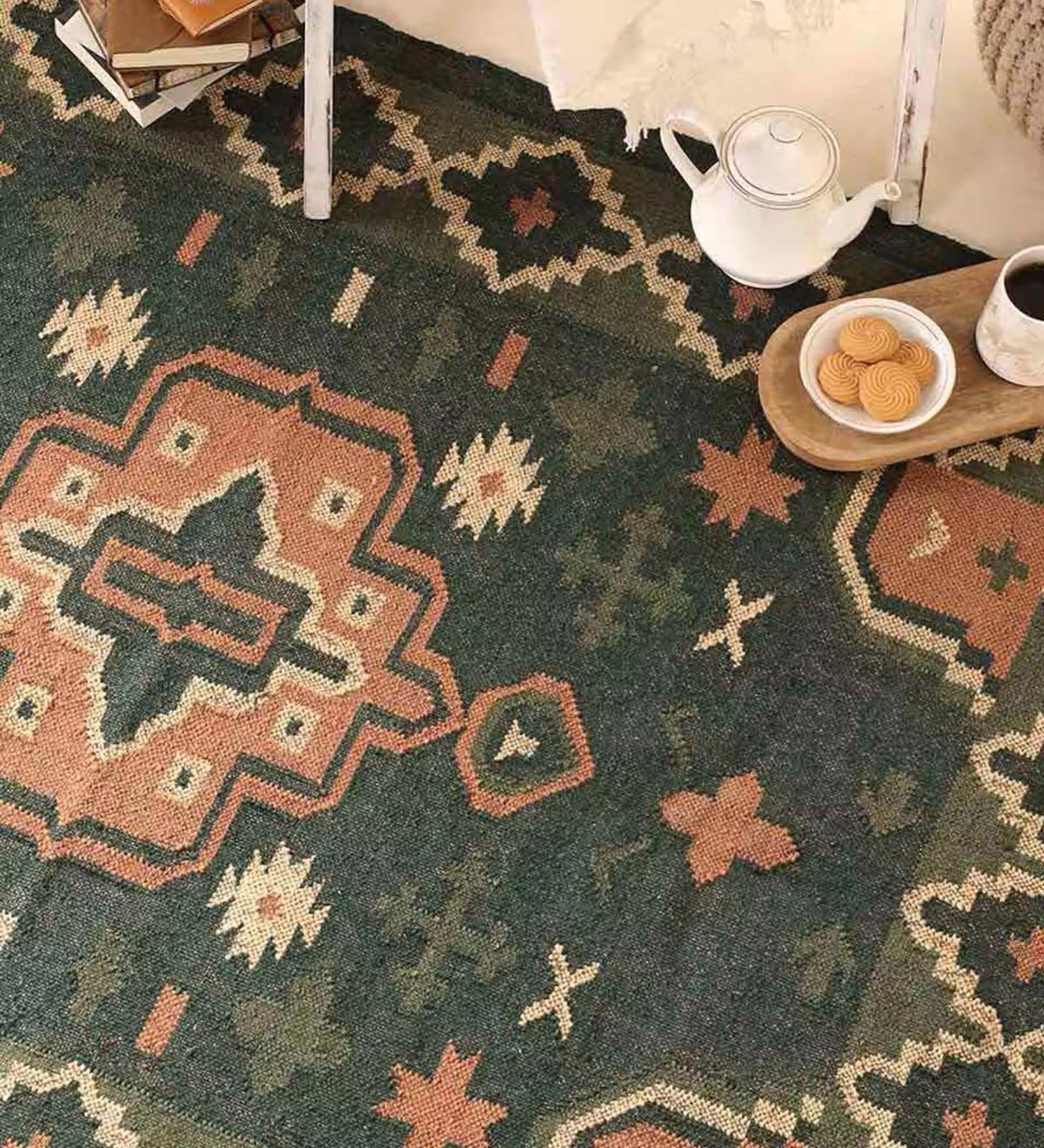 Green 4X6 ft Jaipuri Handwoven Block Print Cotton Rug