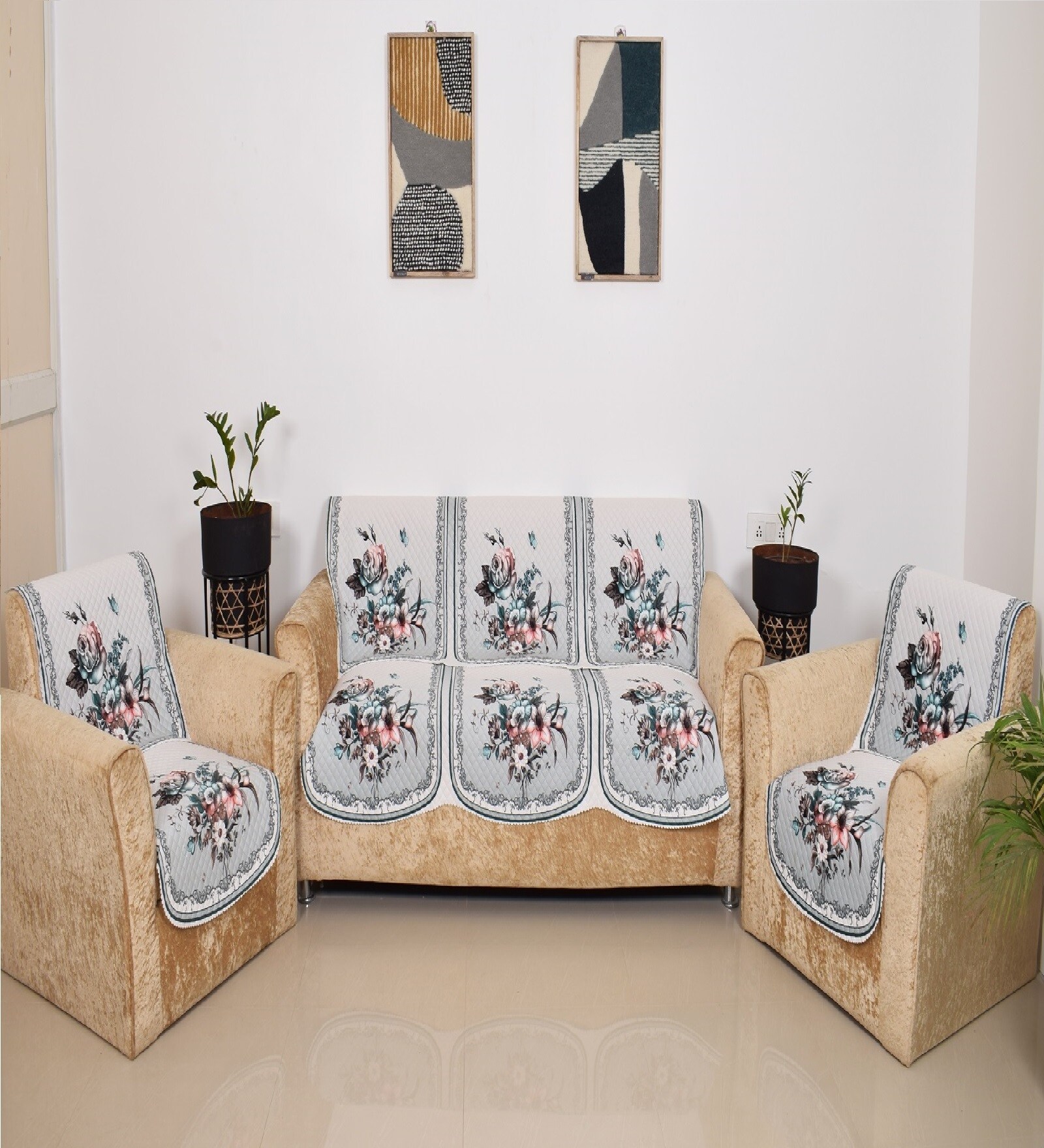 Green 5 Seater Floral 10Pcs Sofa Covers