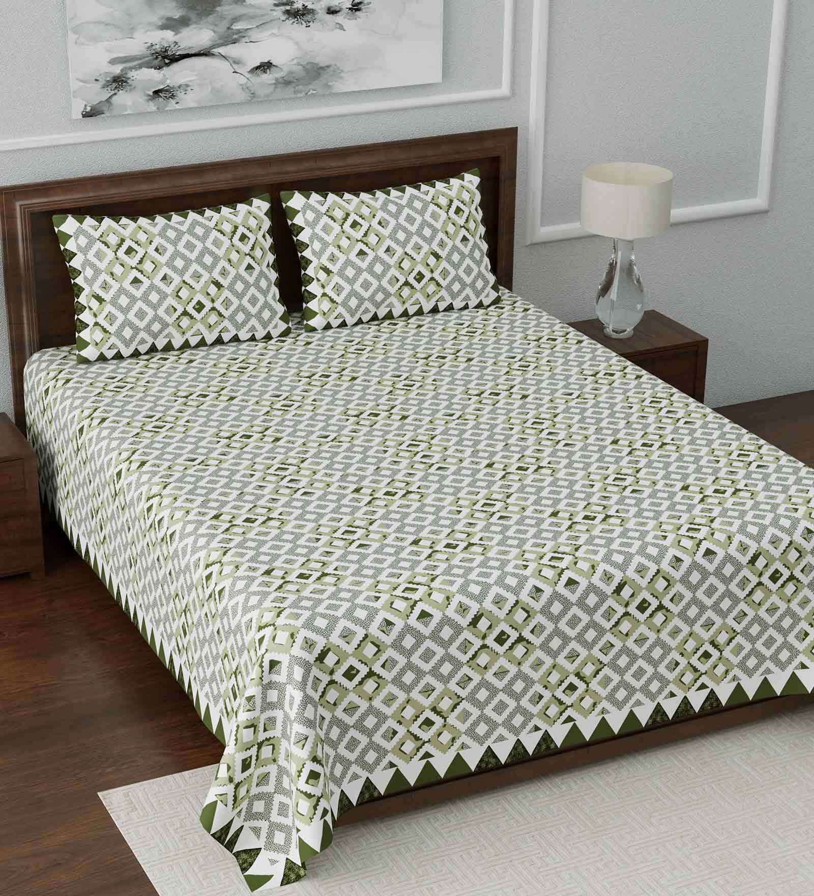 Green Abstract 108 TC Cotton King Sized Bed Sheets with 2 Pillow Covers