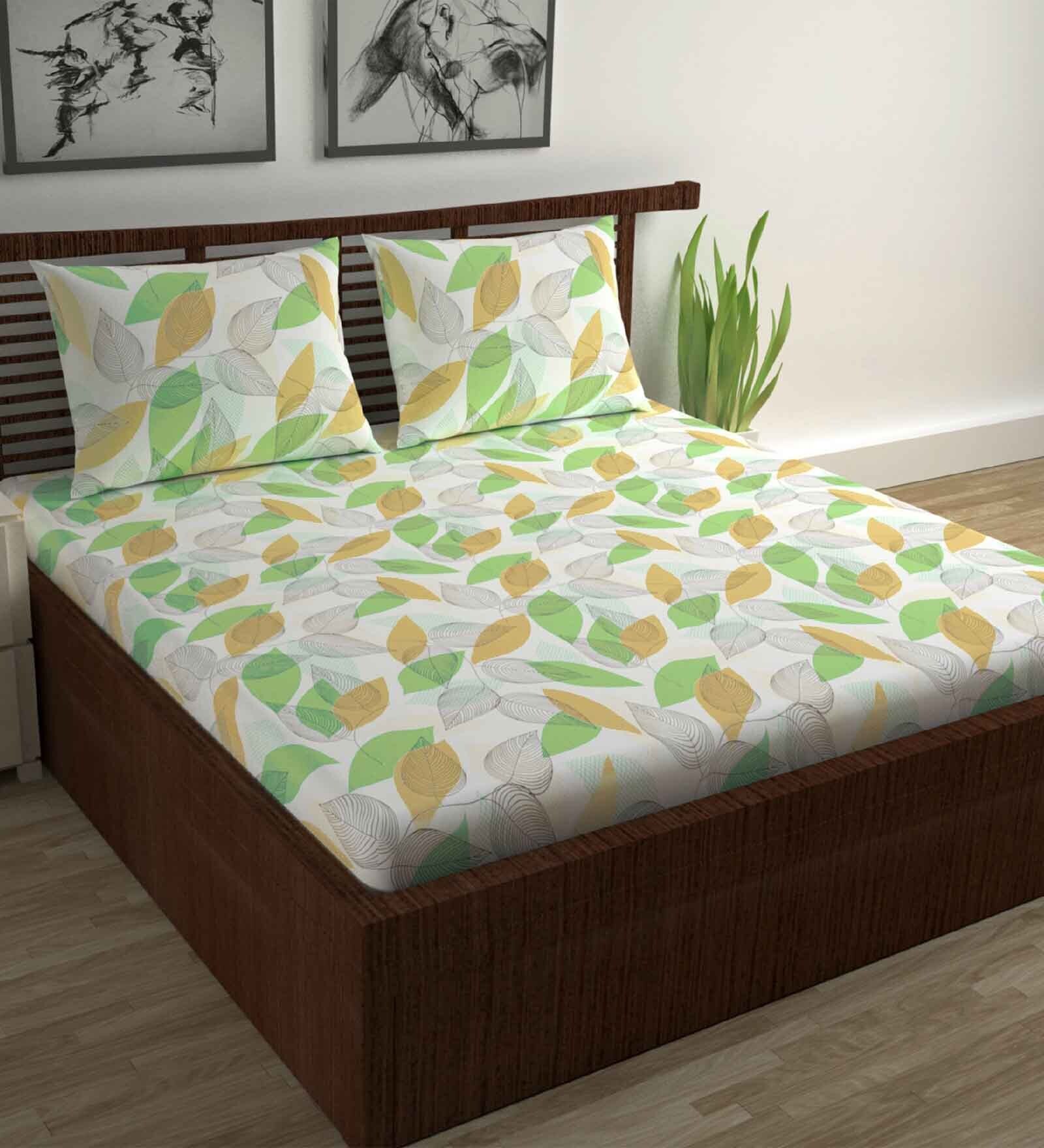 Green Floral 144 TC Cotton Double Bedsheet with 2 Pillow Covers