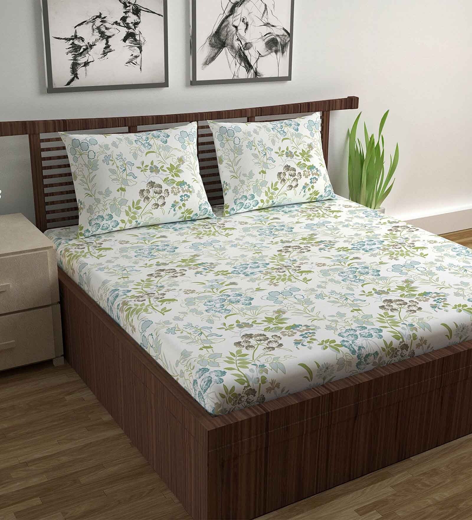 Green Floral 144 TC Cotton Double Bedsheet with 2 Pillow Covers Green Floral 144 TC Cotton Double Bedsheet with 2 Pillow Covers