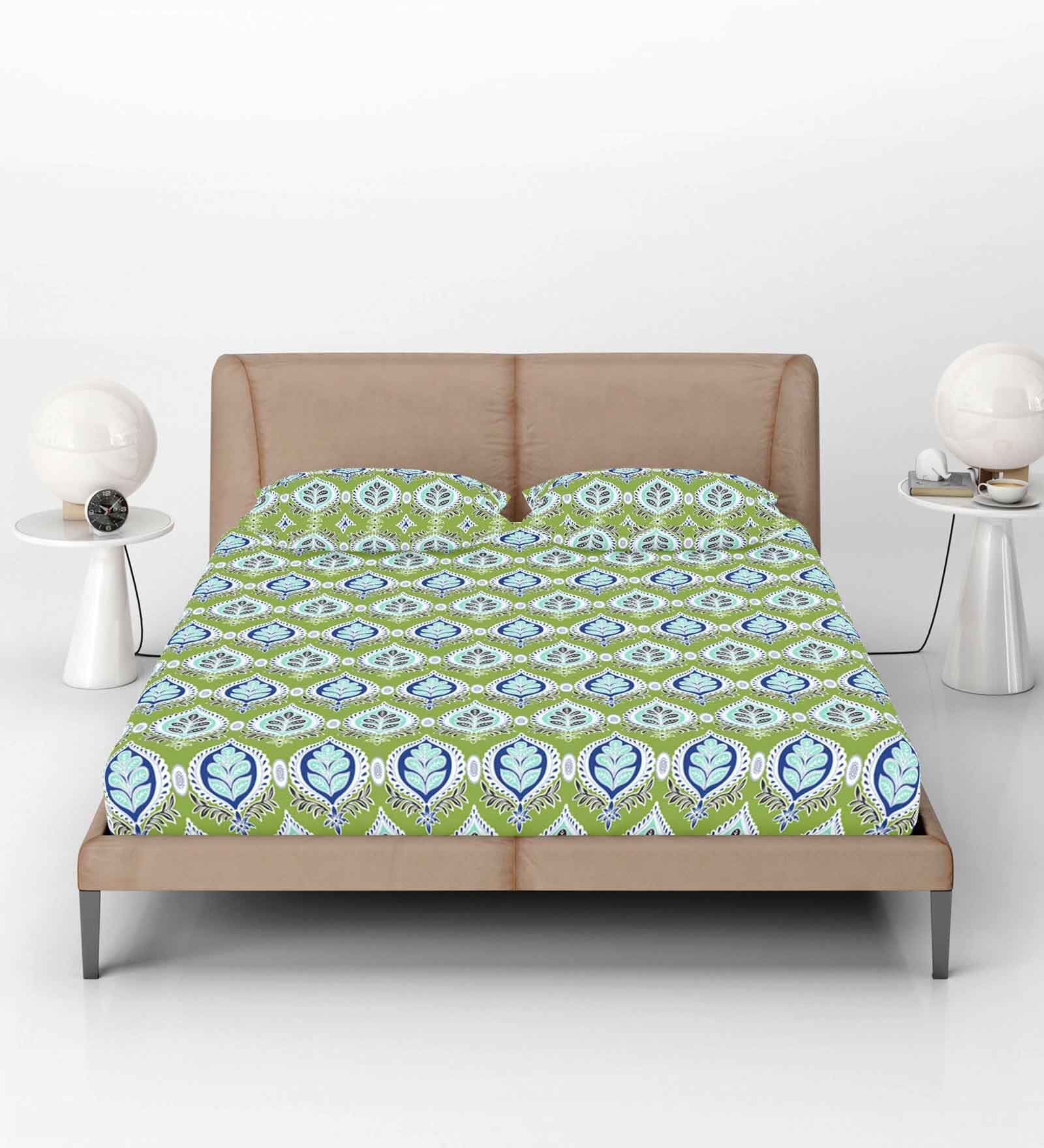 Green Abstract 144 TC Cotton Fitted Double Bedsheet with 2 Pillow Covers