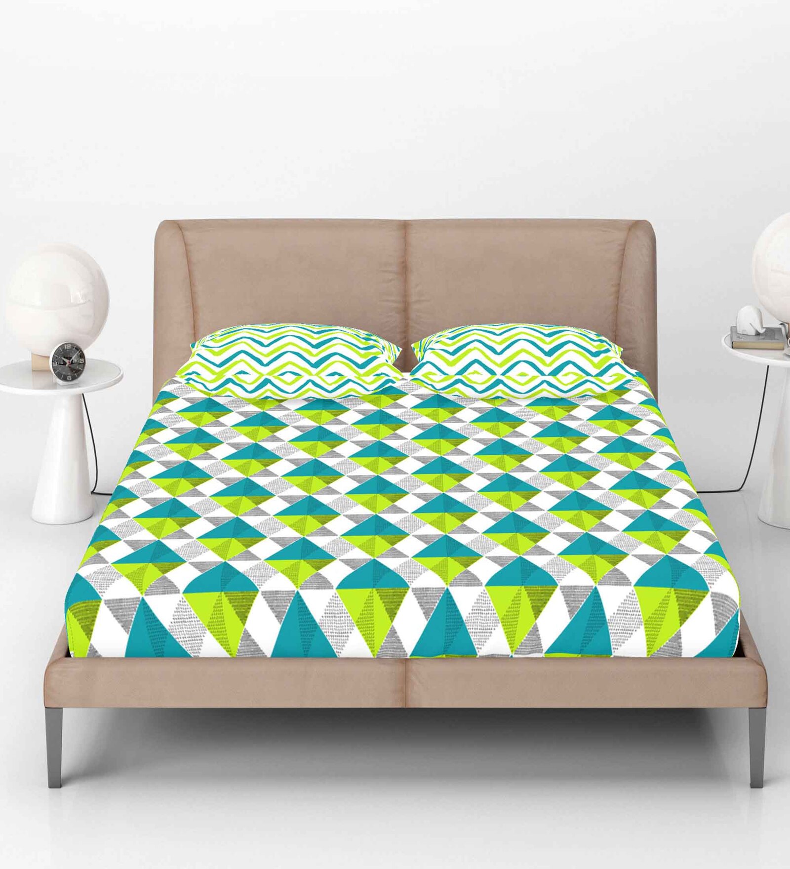 Green Abstract 144 TC Cotton Fitted Double Bedsheet with 2 Pillow Covers