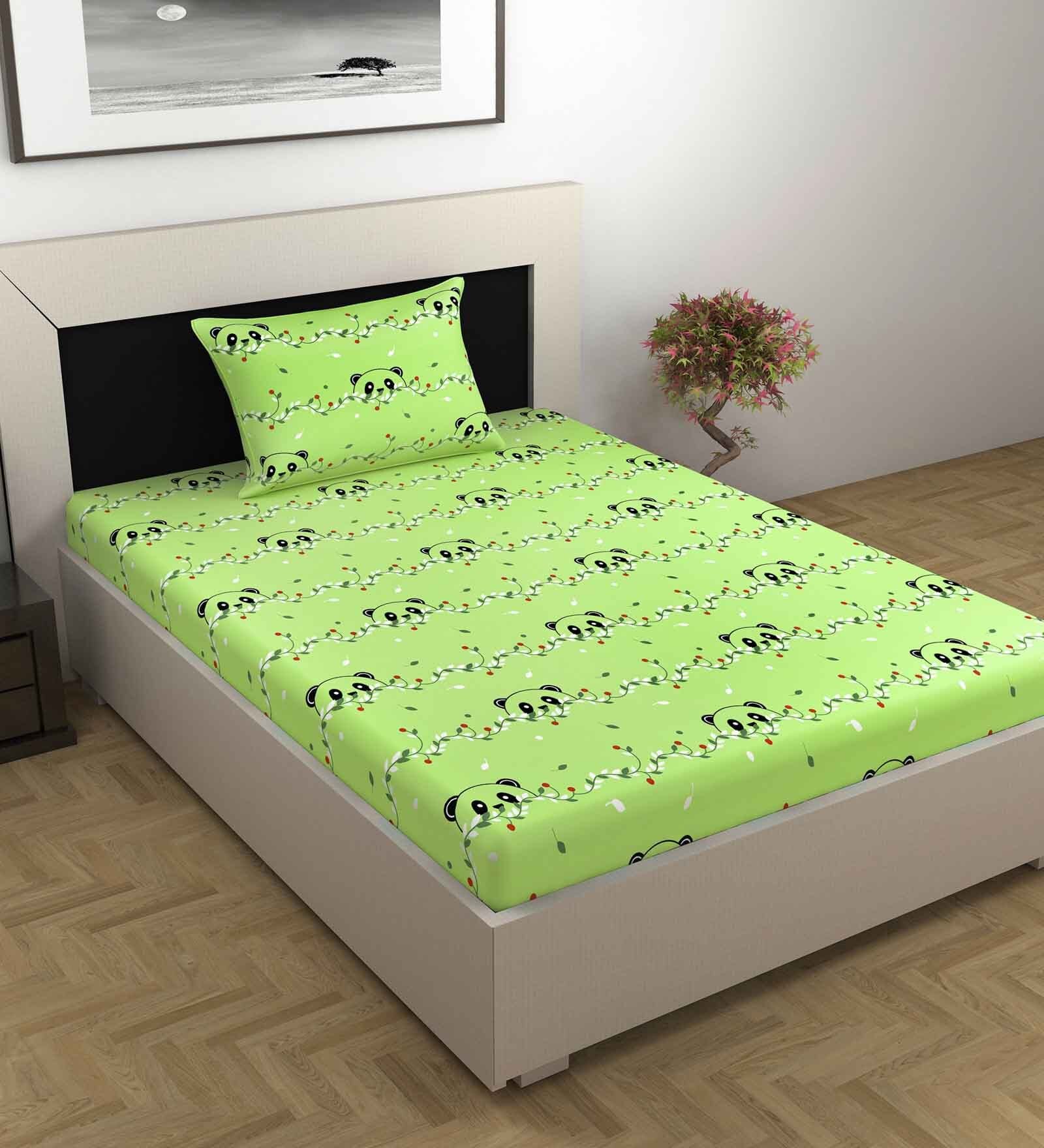 Green Abstract 144 TC Cotton Single Bedsheet With 1 Pillow Cover