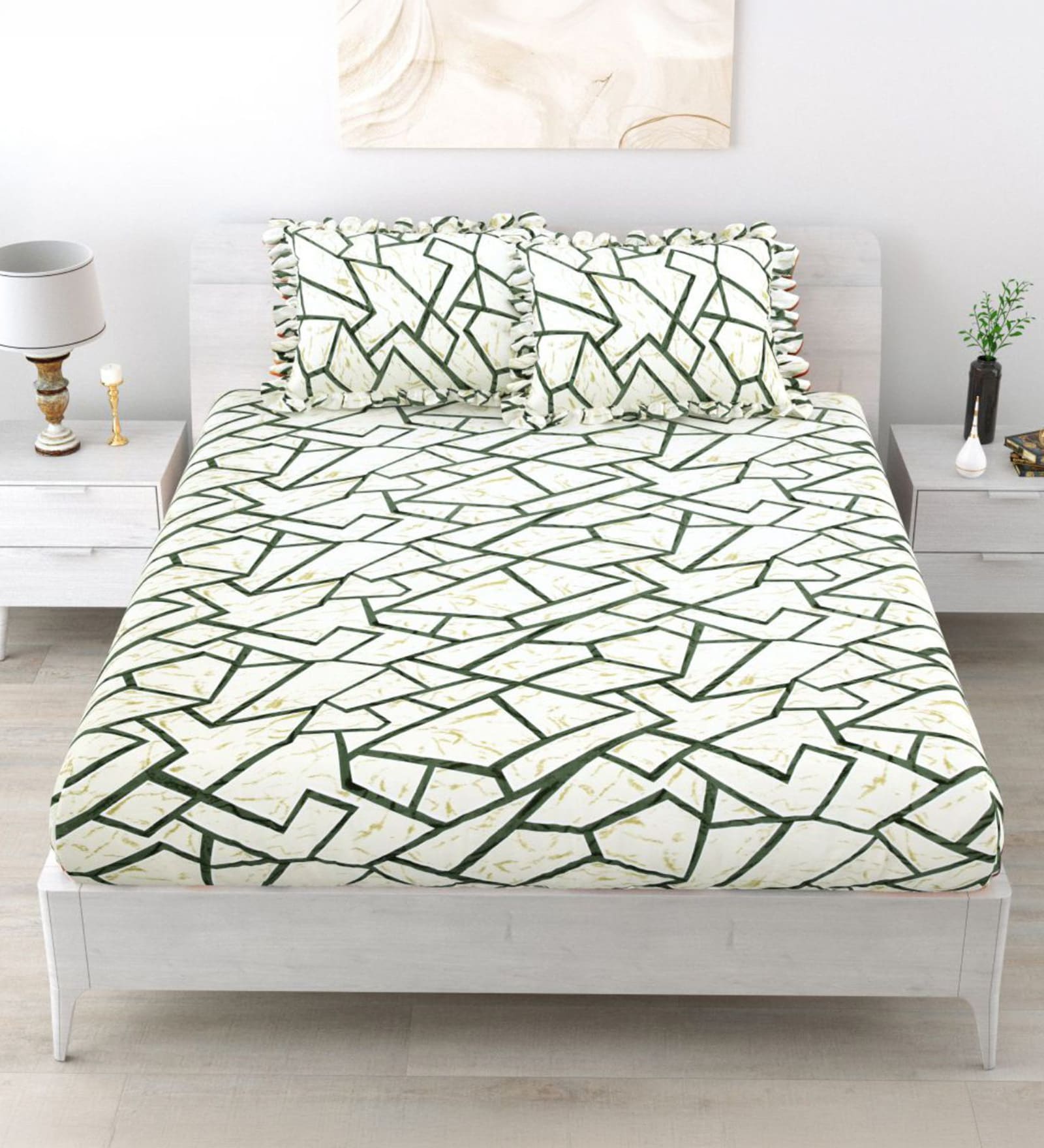 Green Abstract 260 Tc Polycotton King Fitted Bedsheet With 2 Pillow Covers