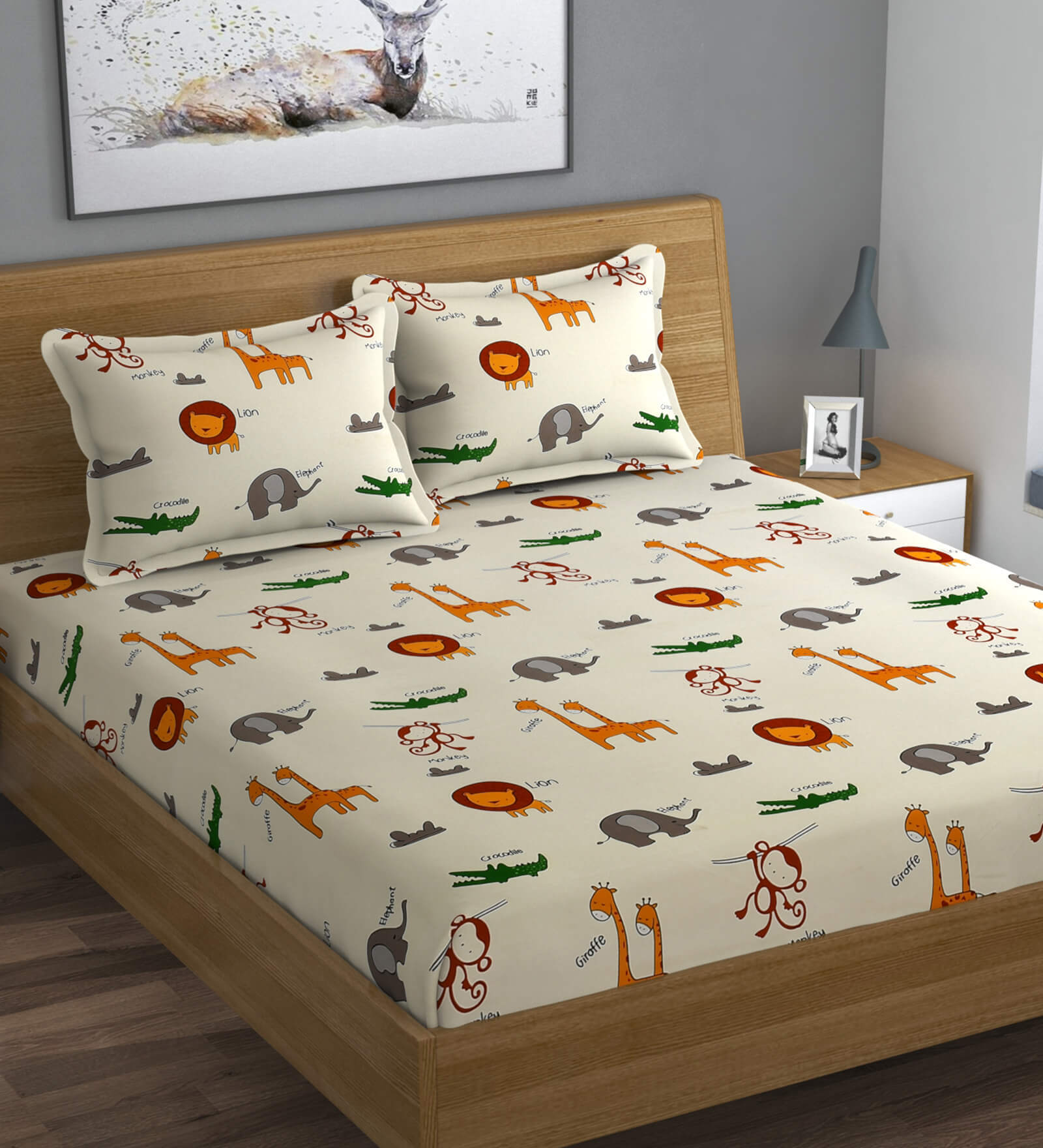 Green Wildlife 280 TC Microfibre Kids Double Bedsheet 2 Pillow Covers