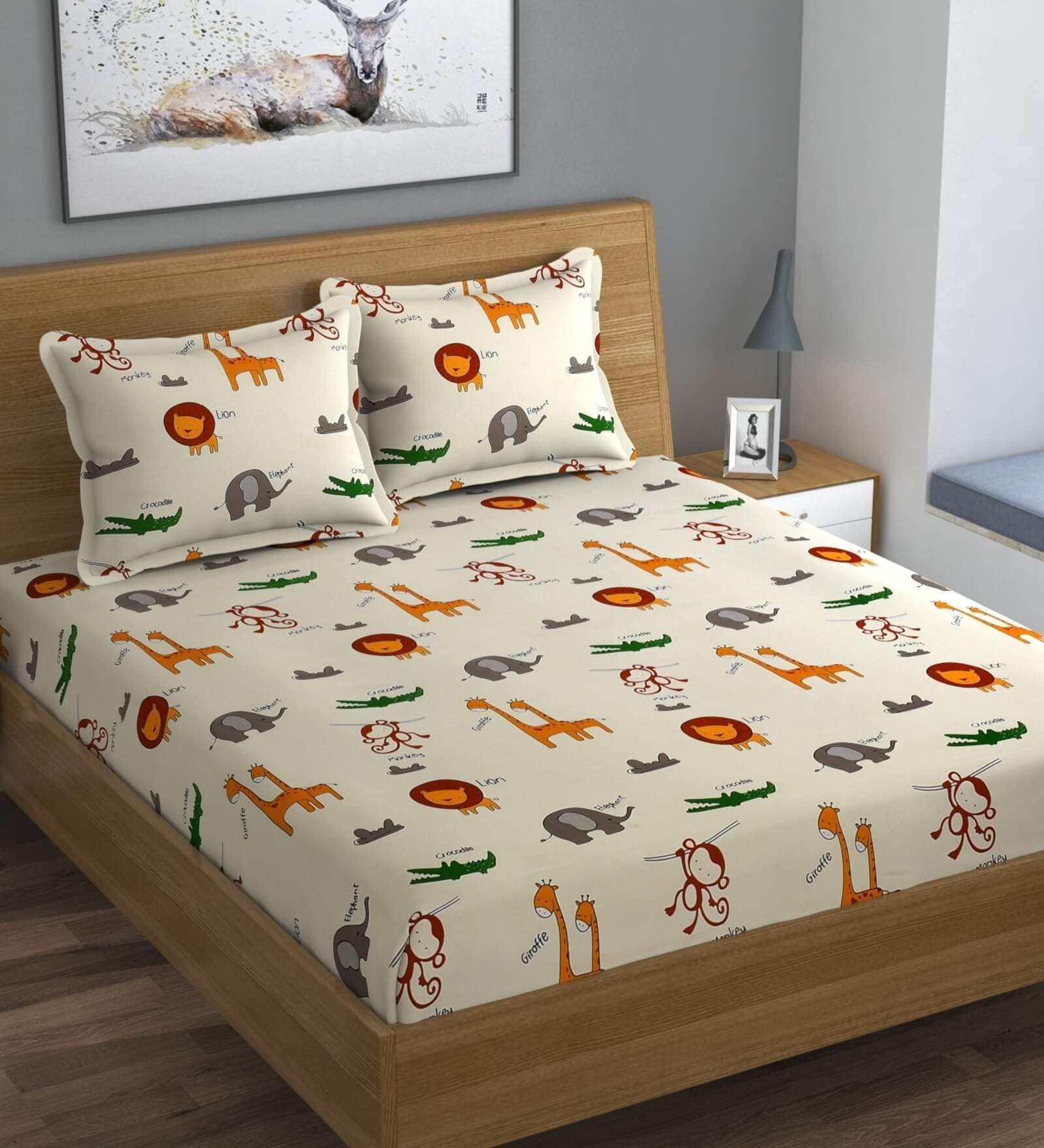 Beige Abstract 280 TC Microfibre Fitted King Bedsheet 2 Pillow Covers
