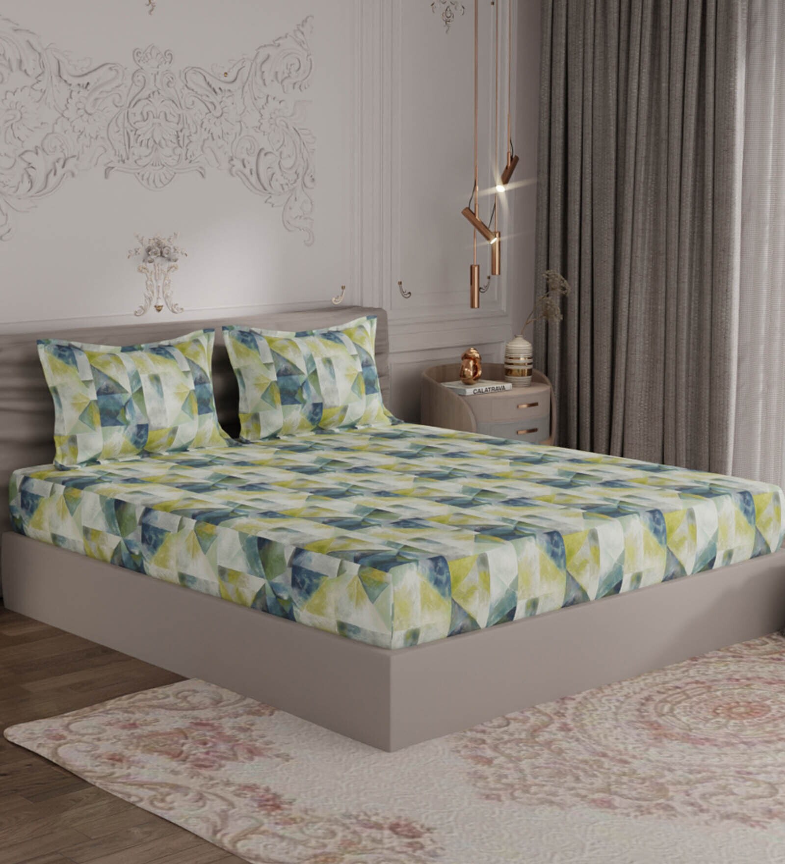 Green Abstract 300 TC 100% Cotton Double Bedsheet With 2 Pillow Covers Amorous Collection