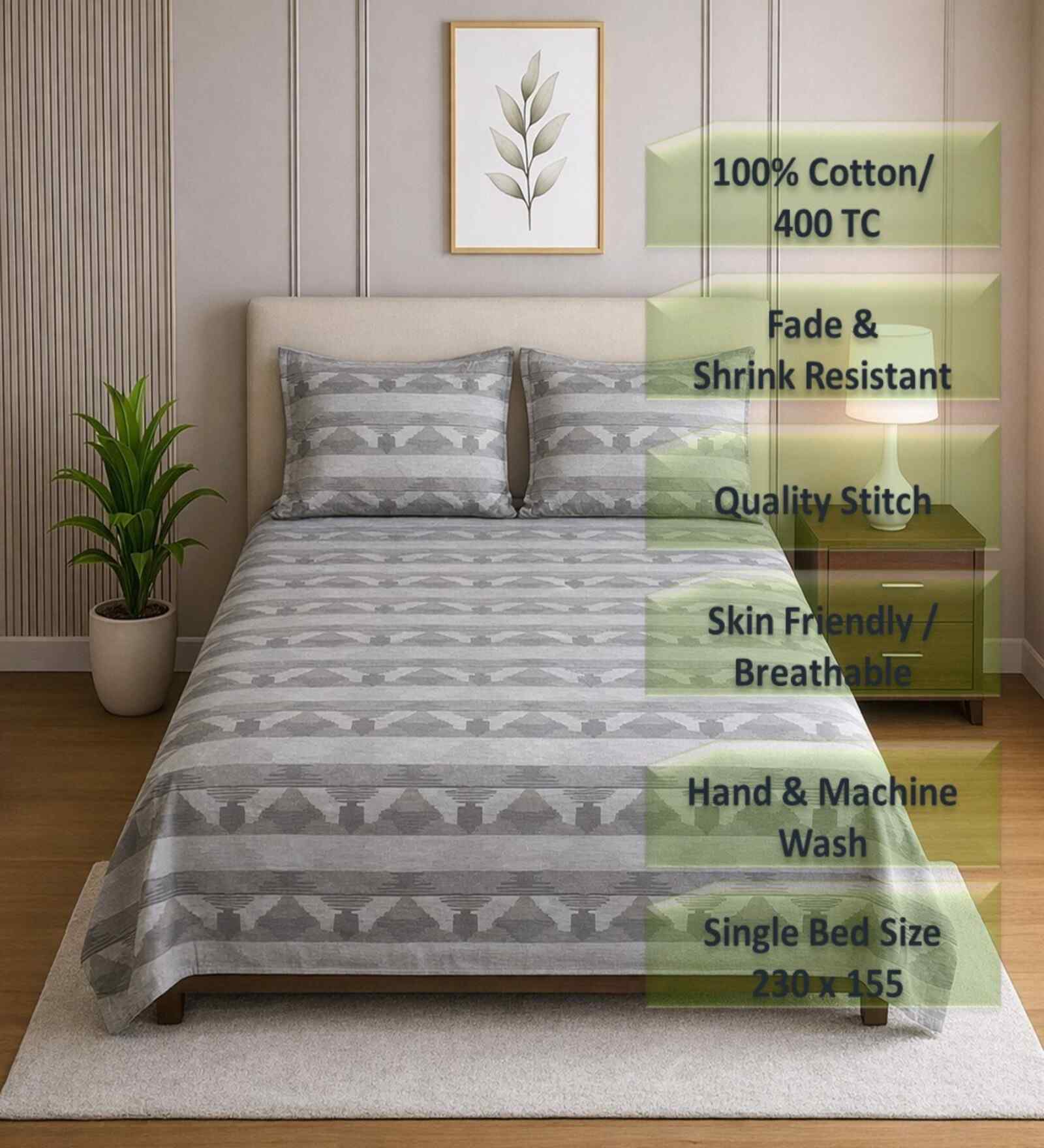 Green Abstract 400 Tc Cotton Single Bedsheet With 2 Pillow Covers