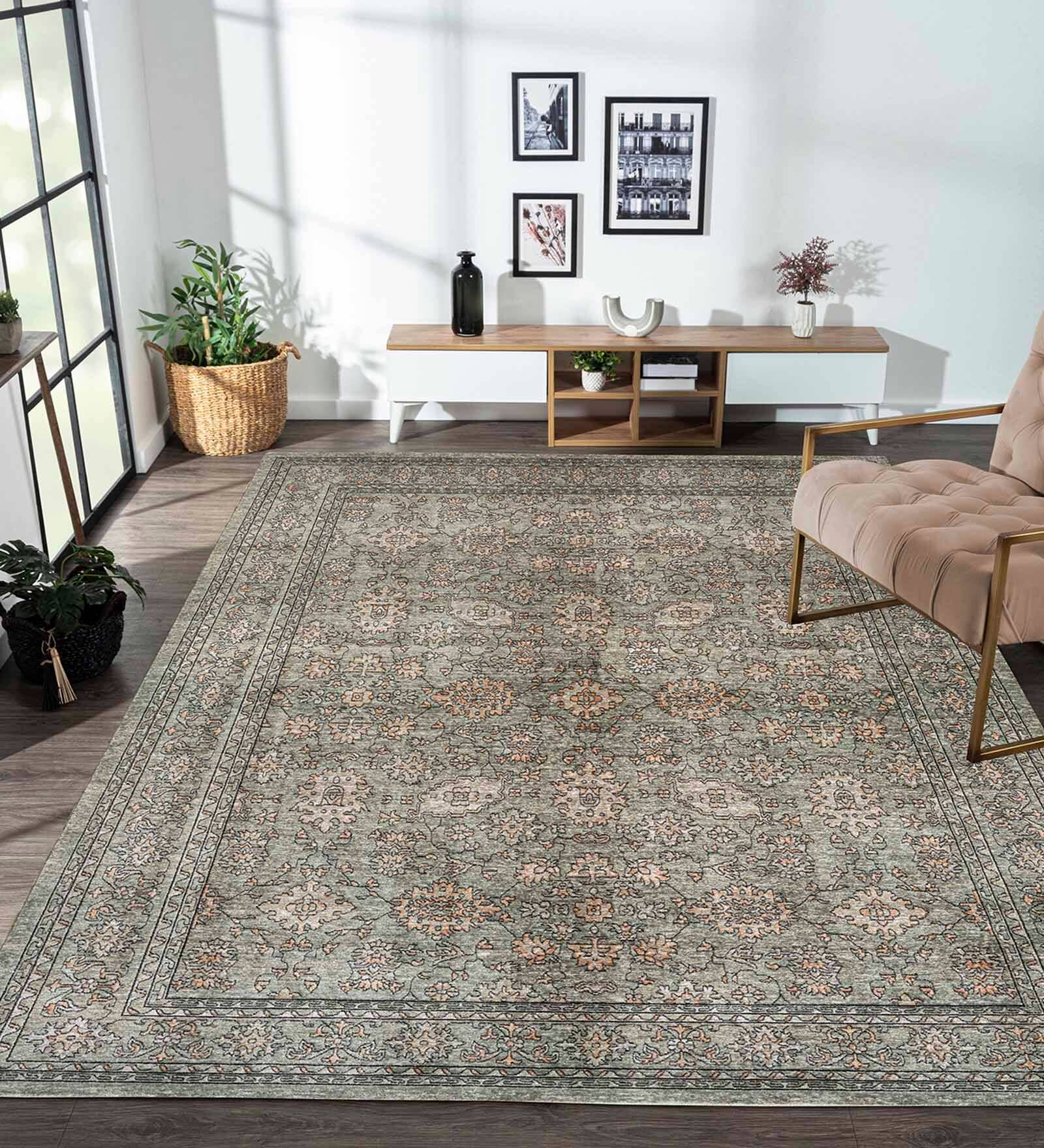 Green Abstract Polyester 59x32 Inches Machine Made Floor Runner