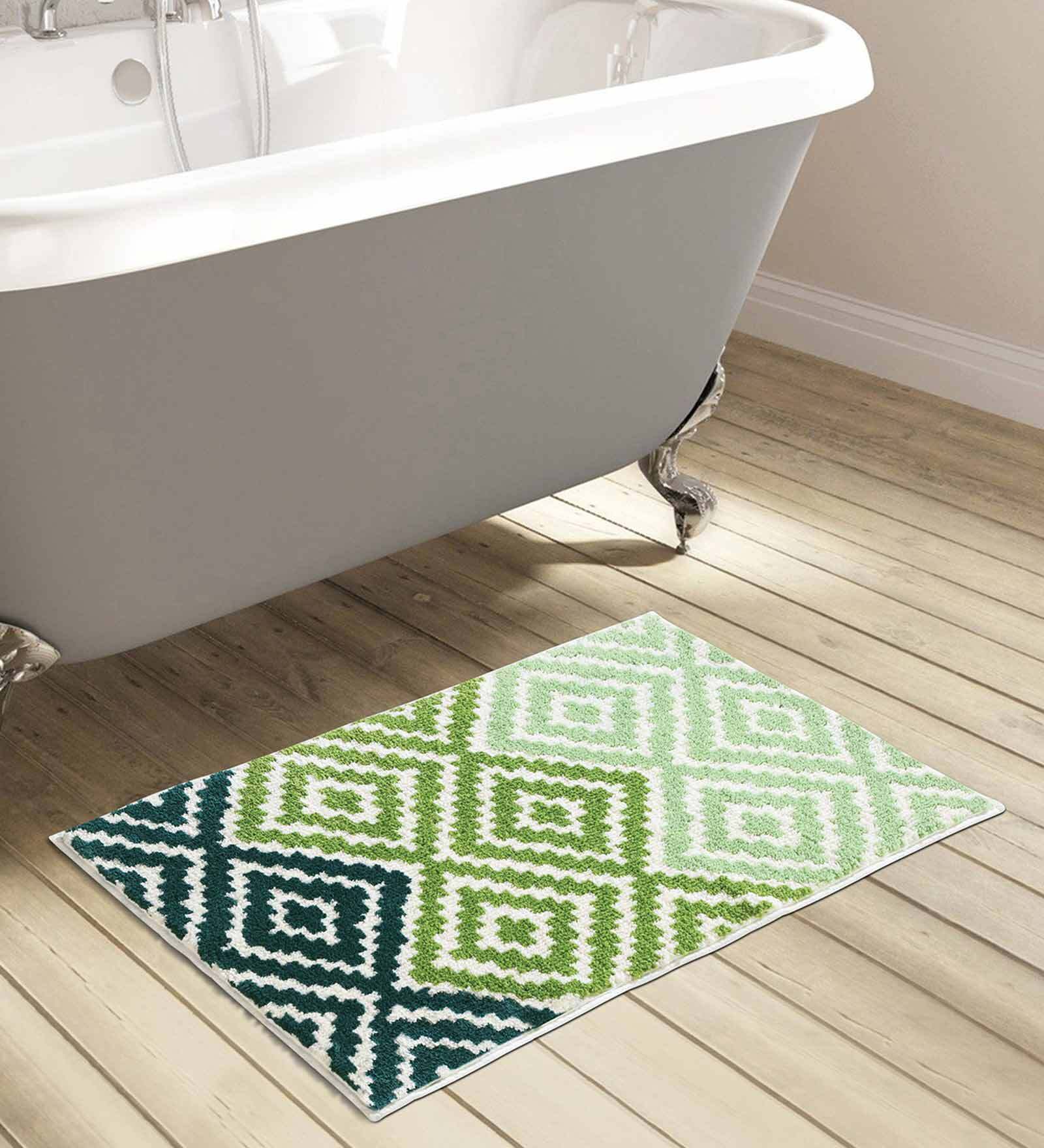Green Geometric Polyester AntiSkid Bathmat