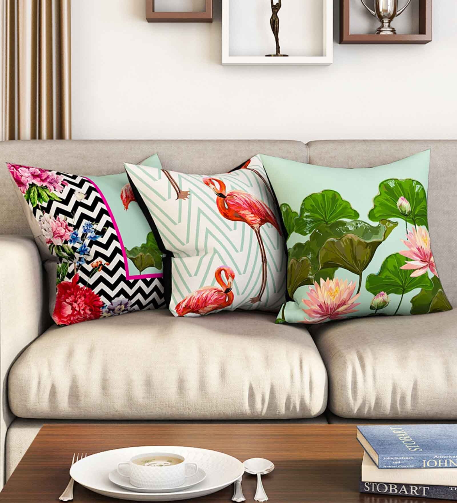 Green Floral Poly Cotton 16 x 16 Inches Cushion Covers (Set of 3)