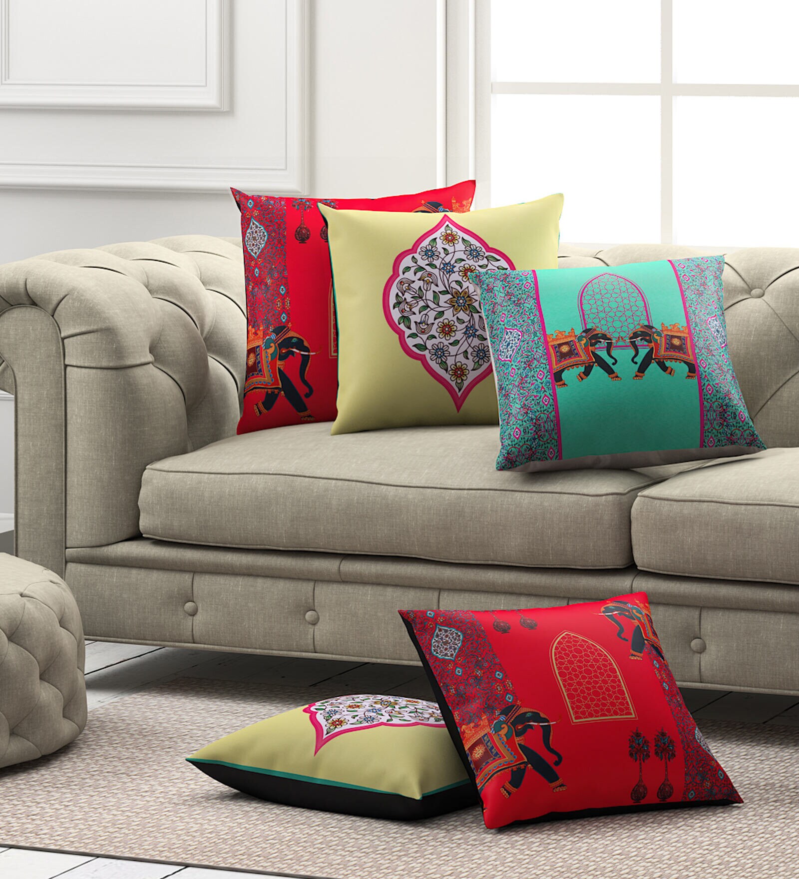 Multicolor Traditional & Abstract Poly Cotton 16 x 16 Inches Cushion Covers (Set of 5)