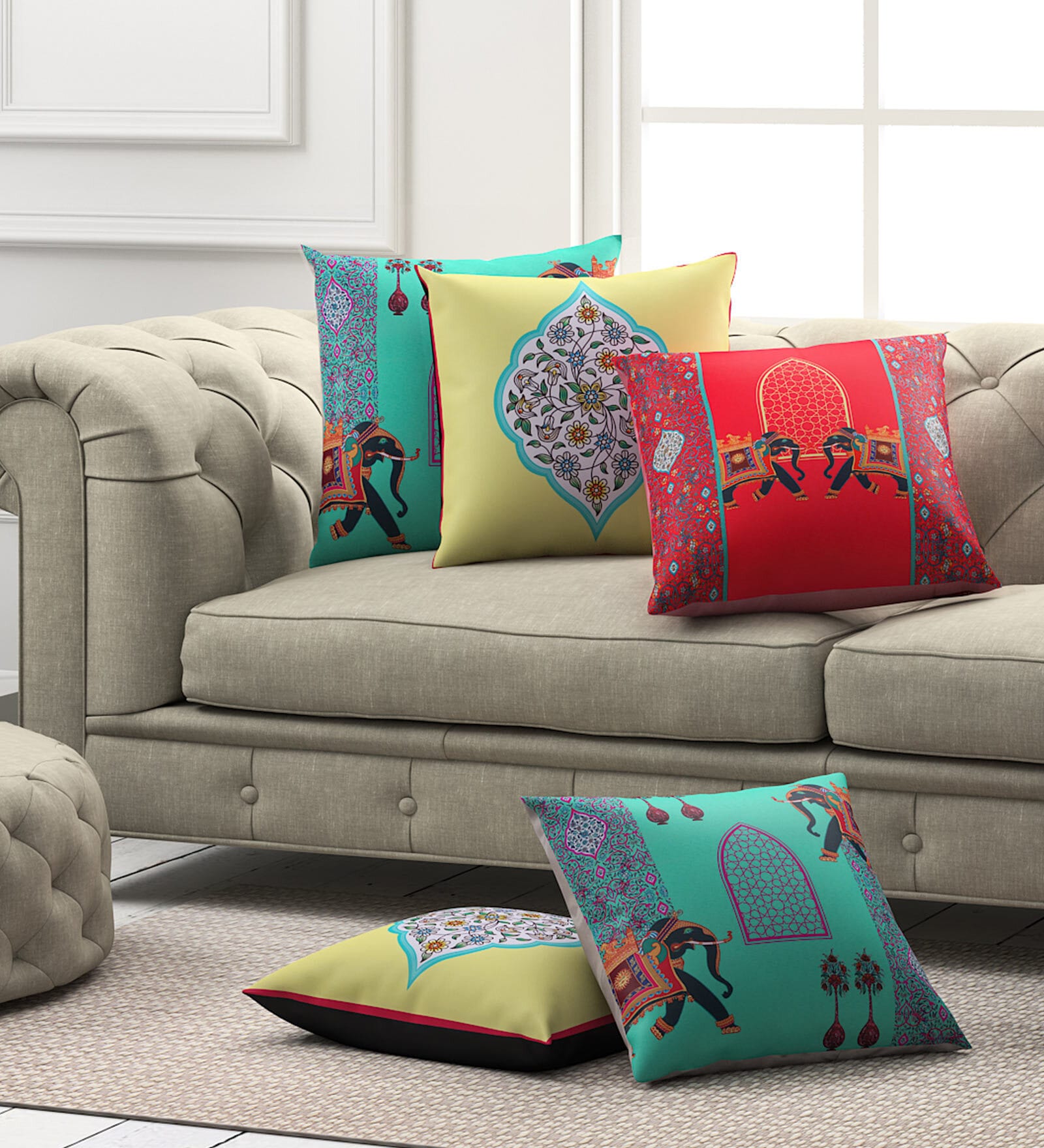 Multicolor Floral Poly Cotton 16 x 16 Inch Cushion Cover (Set of 5)