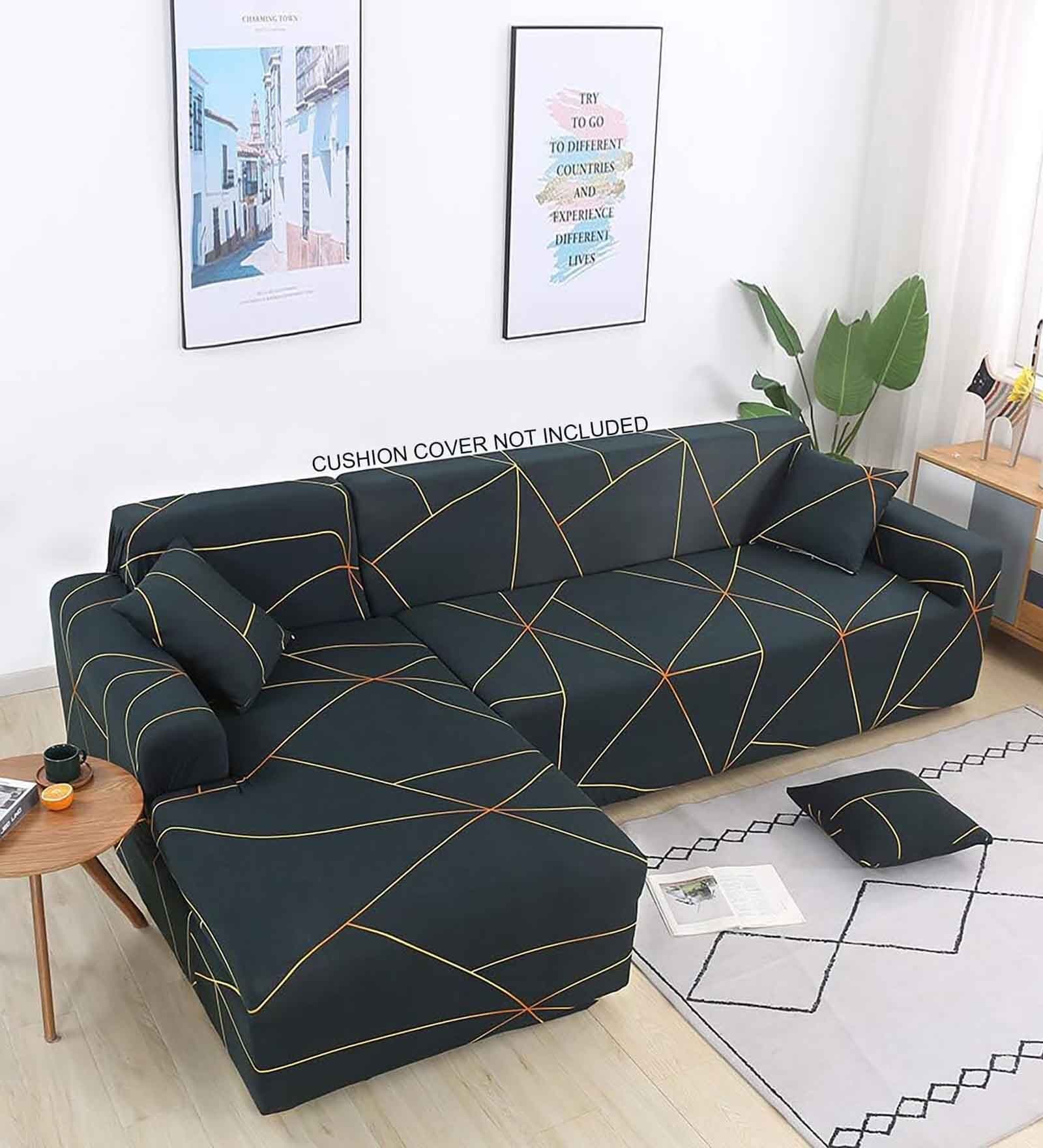 Green Geometric Viscose and Polyester (3 + Lounge) L-Shaped Stretchable Chaise Sofa Covers
