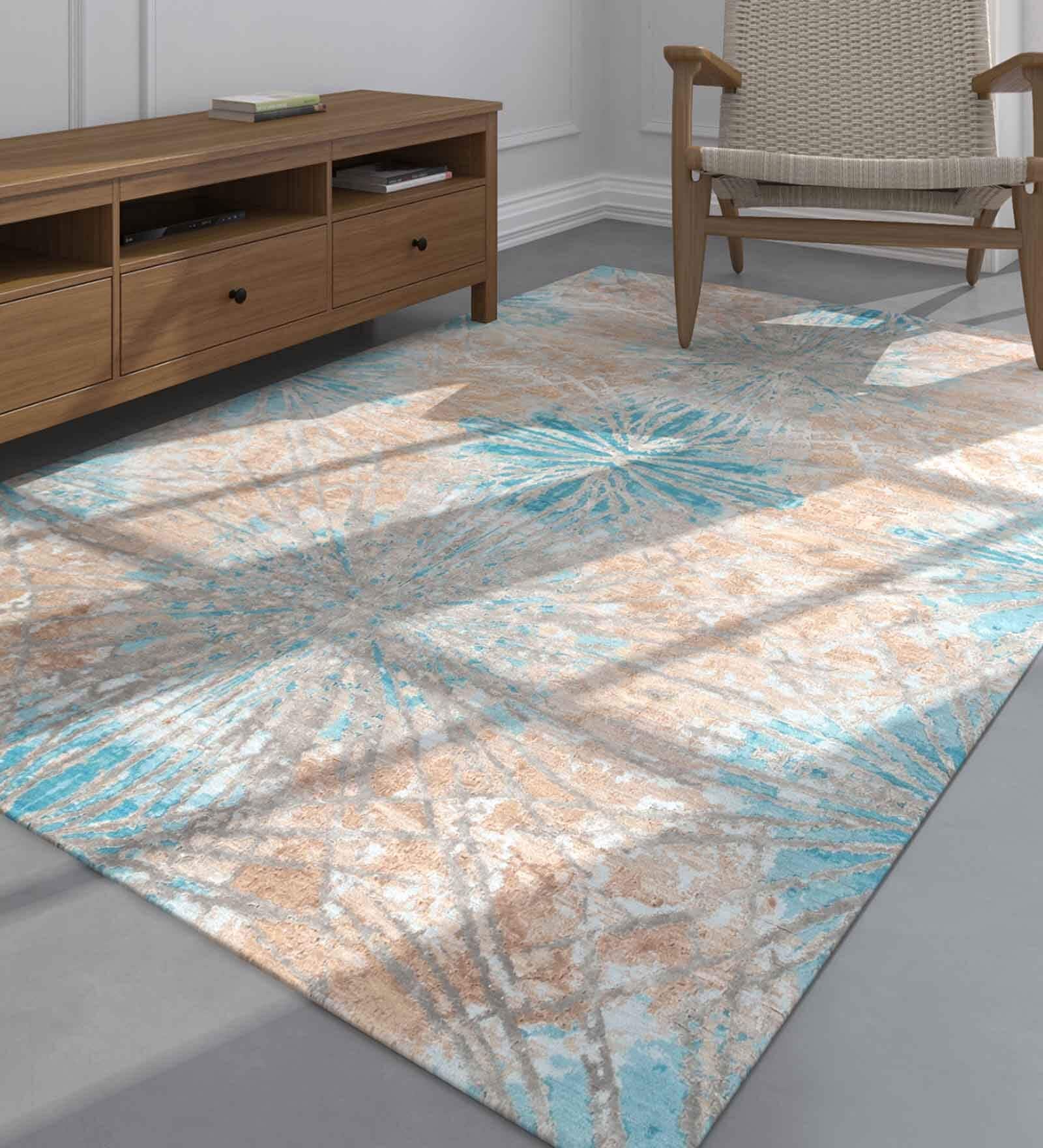 Green Abstract Wood and Bamboo 5 ft x 7 ft Hand Knotted Carpet