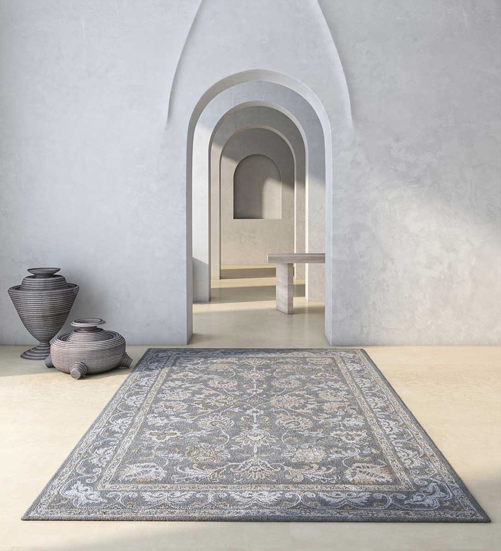 Grey Persian Wool & Viscose 6 ft x 9 ft Hand Knotted Carpet