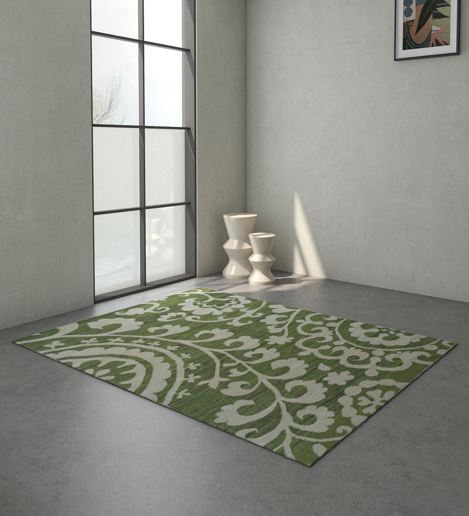Green Abstract Wool and Viscose 5 ft X 8 ft Flat Weaves