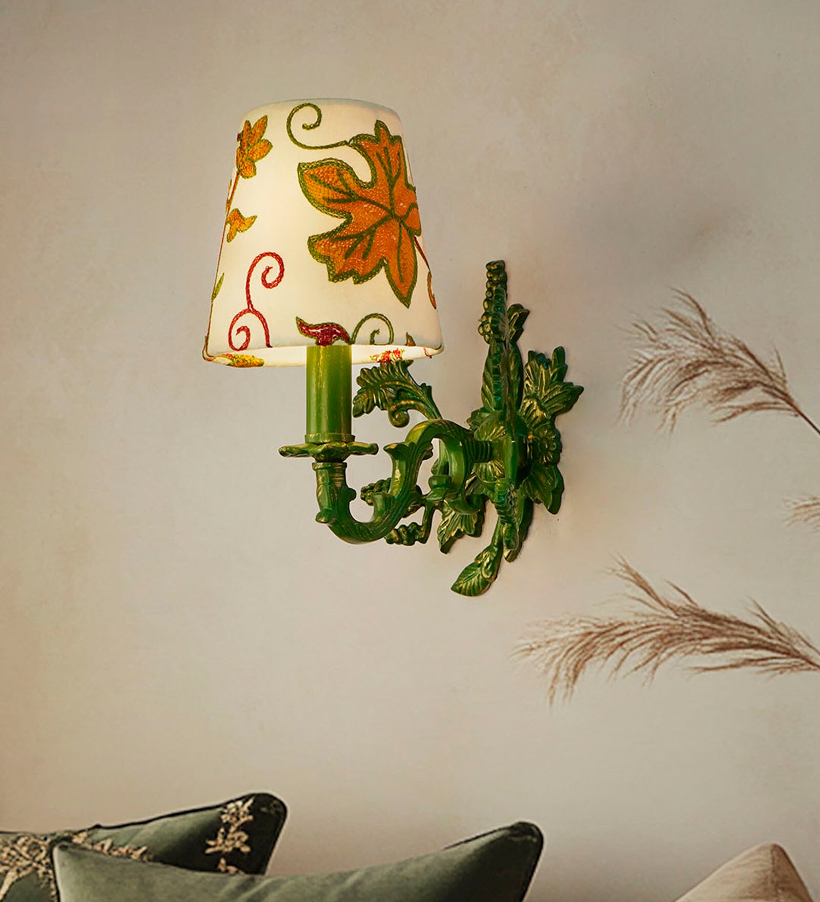 Green Aluminium Wall Sconce with Kashida Velvet Shade