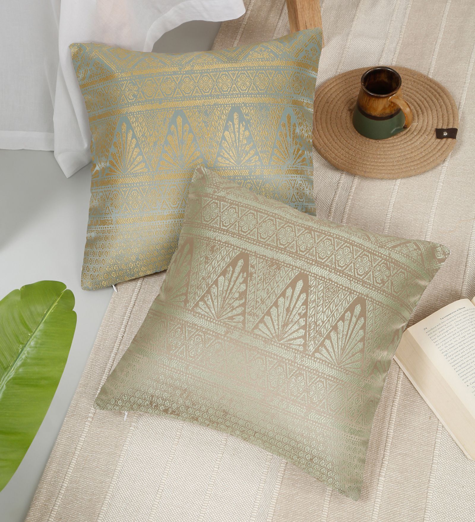 Green and Gold Polyester Jacquard 16x16 inches Cushion Cover Set of 2