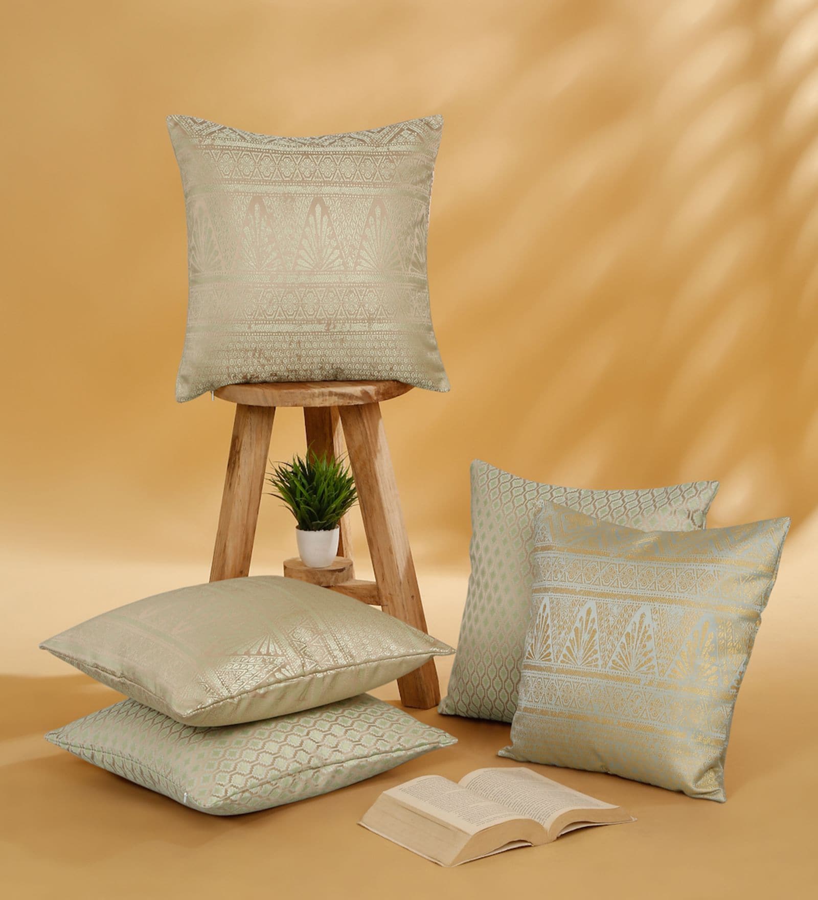 Green and Gold Polyester Jacquard 16x16 inches Cushion Cover Set of 5