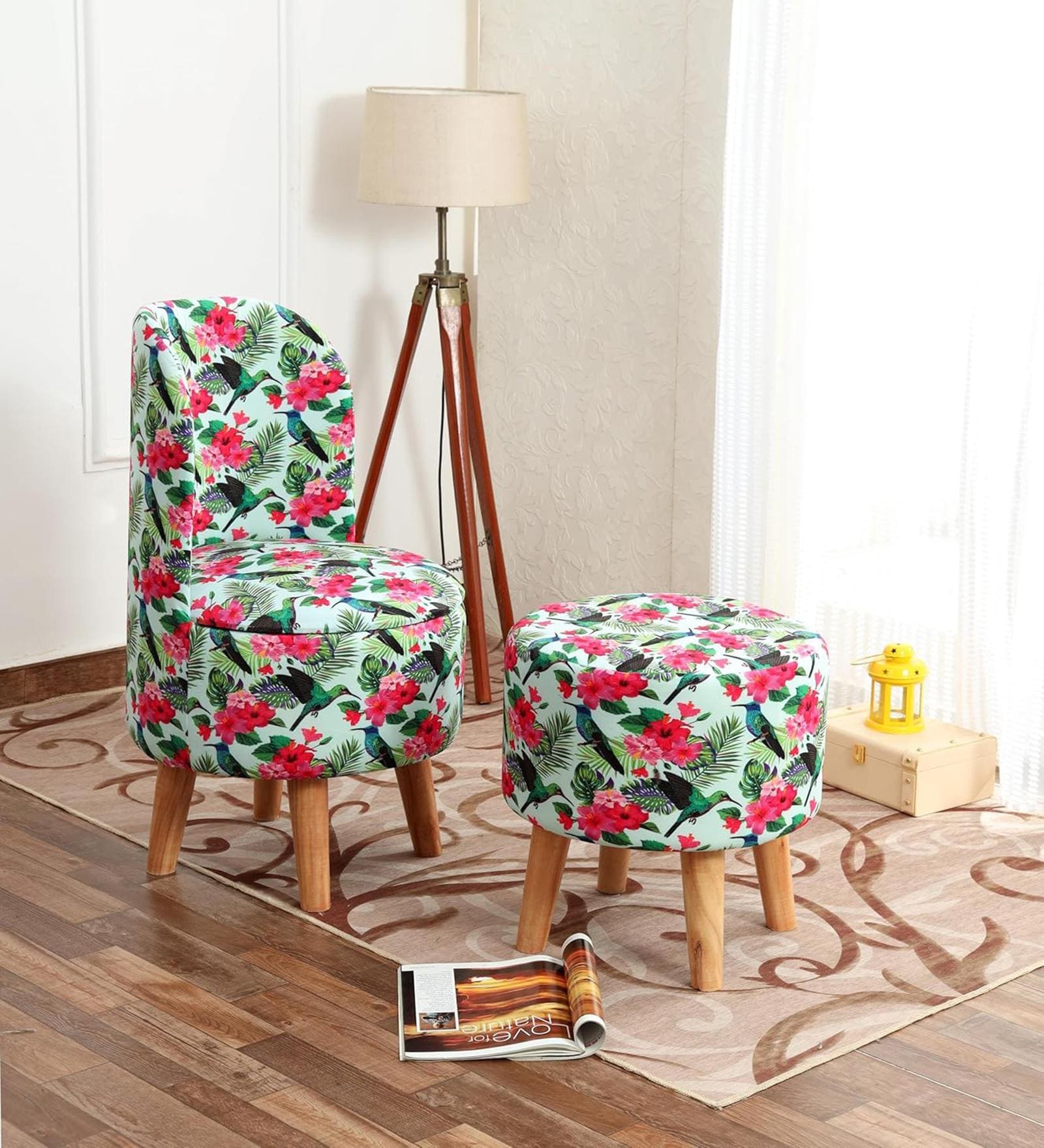Green and Pink Bird Printed Chair & Stool Green and Pink Bird Printed Chair & Stool