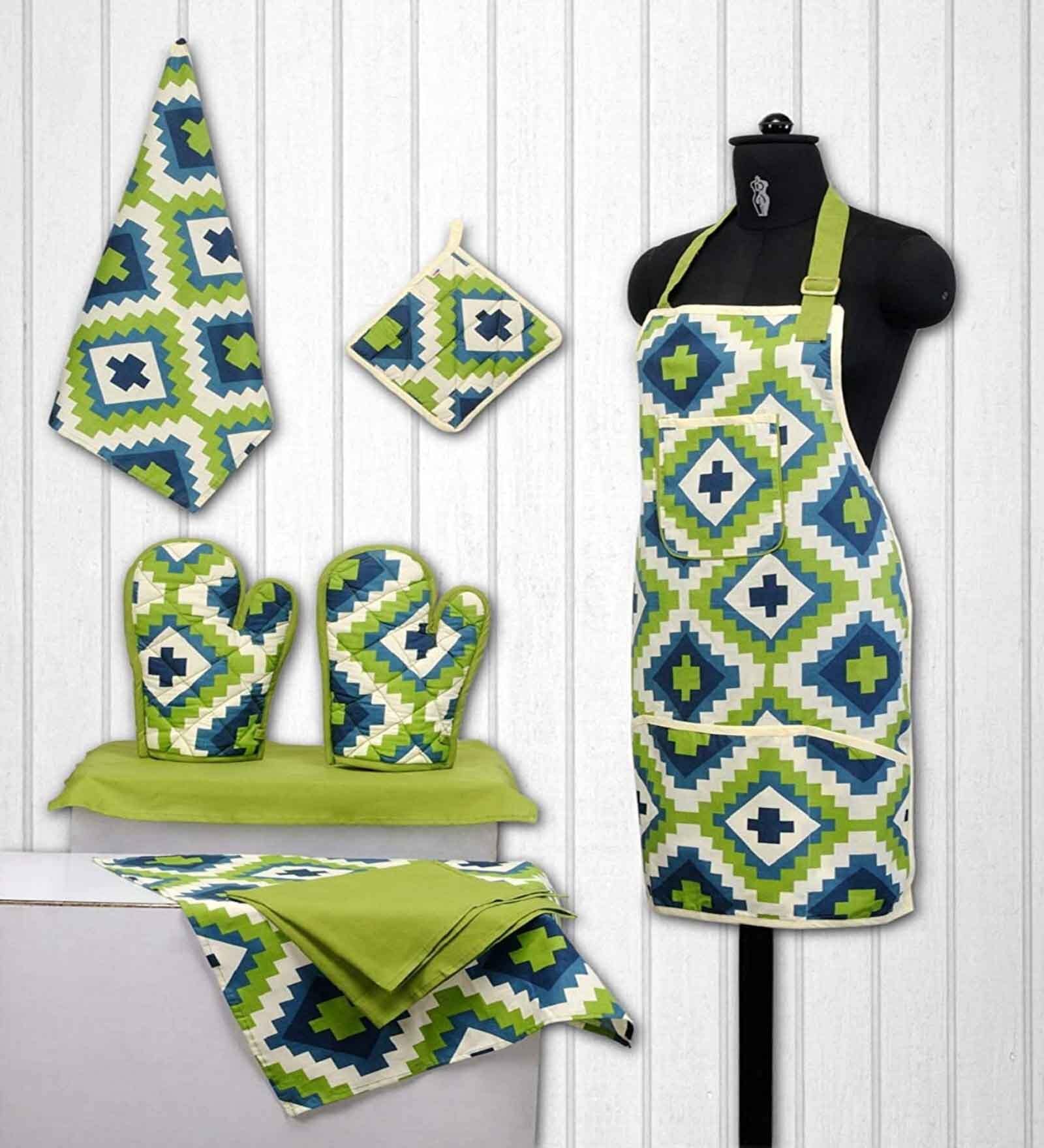 Puzzled Cream & Green Cotton (Set of 8) Kitchen Linen Set