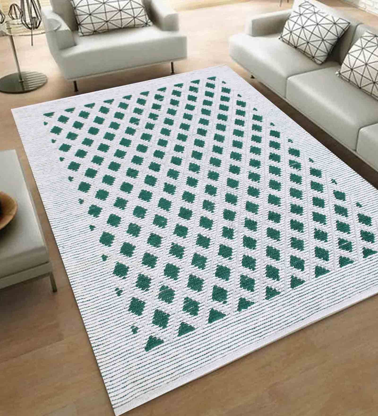 Green and White Siberia Geometric Cotton 4ft x 6ft Hand Woven Carpet