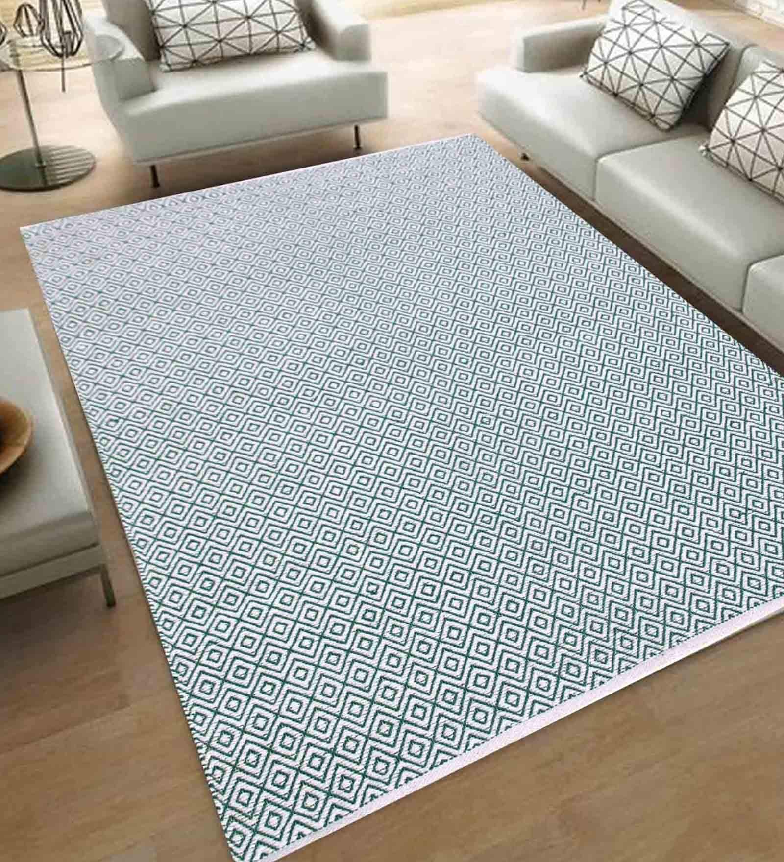 Blue and White Sochi Geometric Cotton 4ft x 6ft Hand Woven Carpet