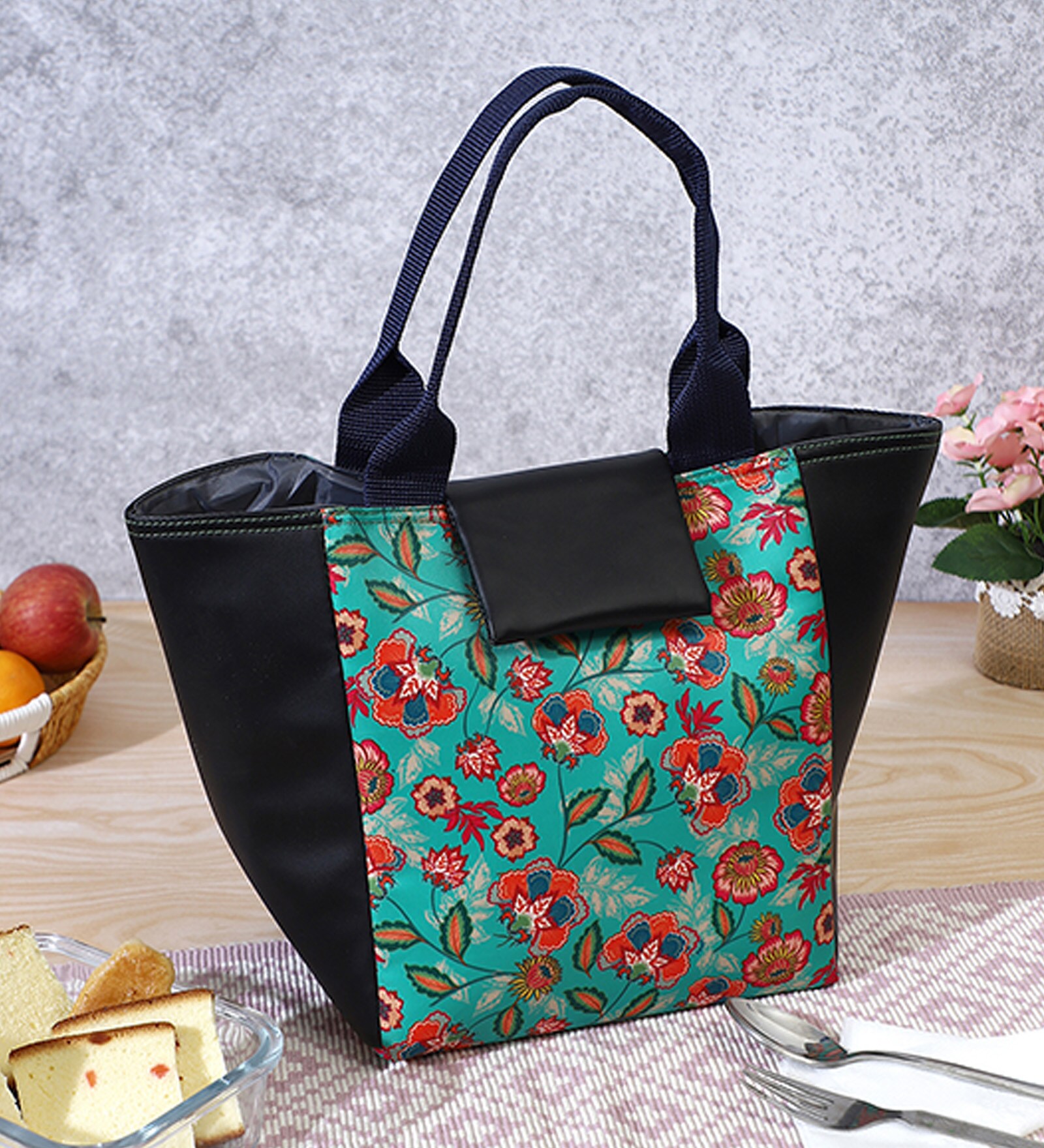 Green Background & Floral Printed Rectangle Insulated Lunch Bag