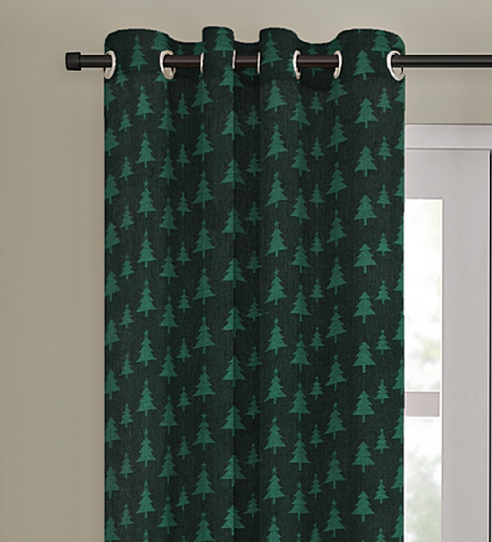 Green Cotton Blackout 7 Feet Eyelet Curtain (Set of 2)
