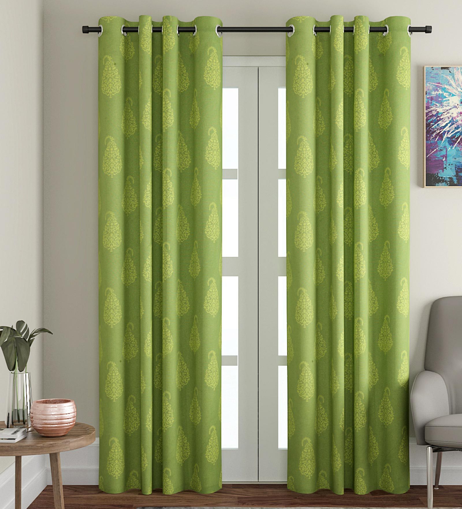 Green Cotton Traditional 9 Ft Light Filtering Eyelet 1 Door Curtain