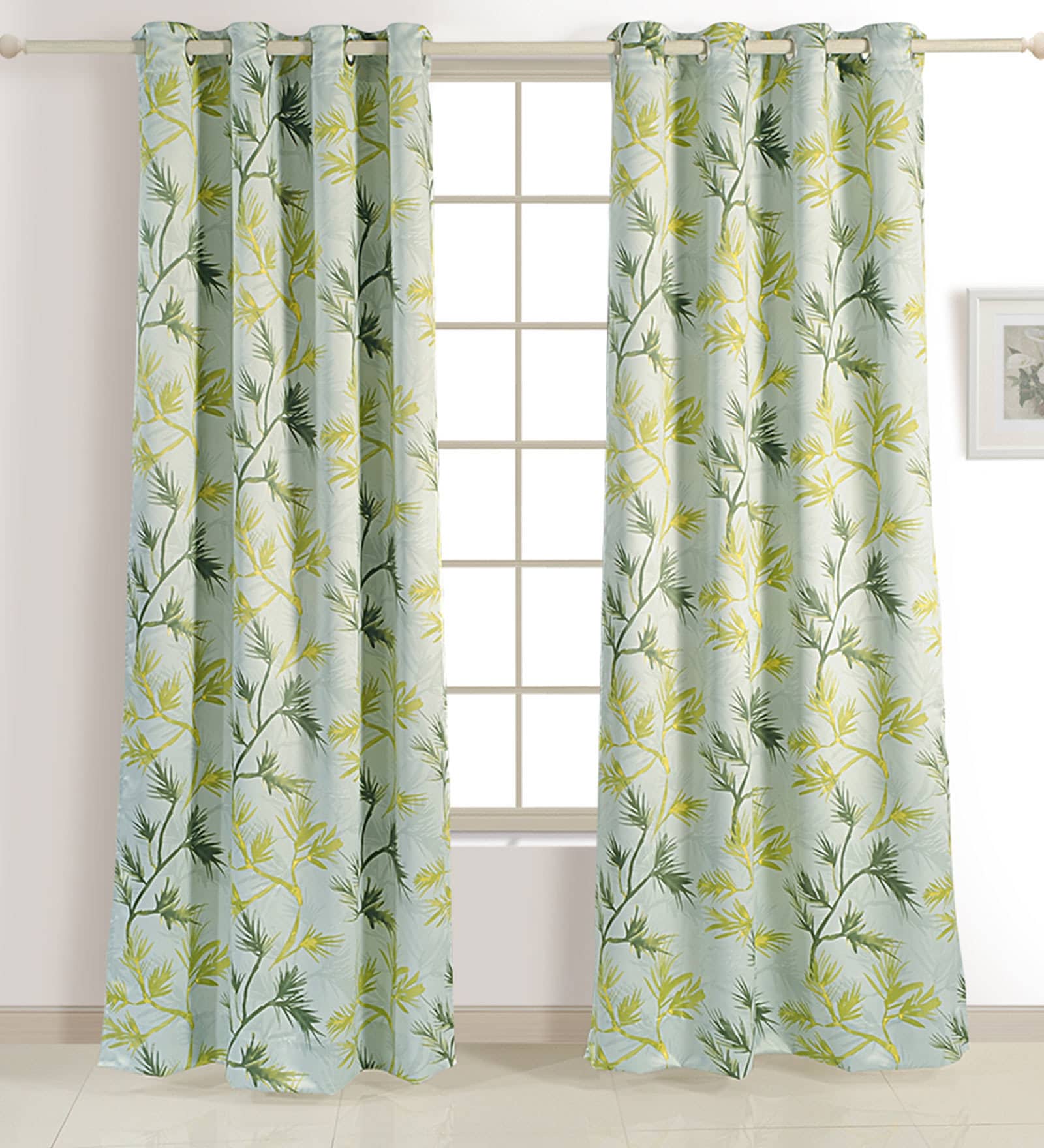 Green Floral Faux Silk 5 Ft Blackout Eyelet Window Curtain
